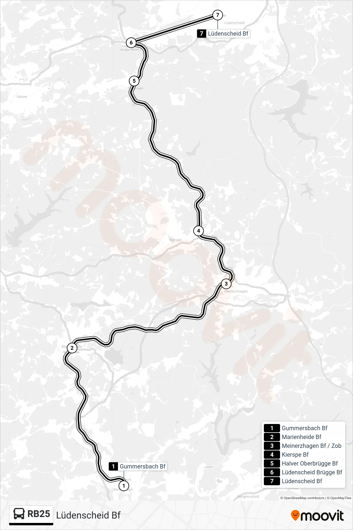 RB25 bus Line (Lüdenscheid Bf) route and stops on a map