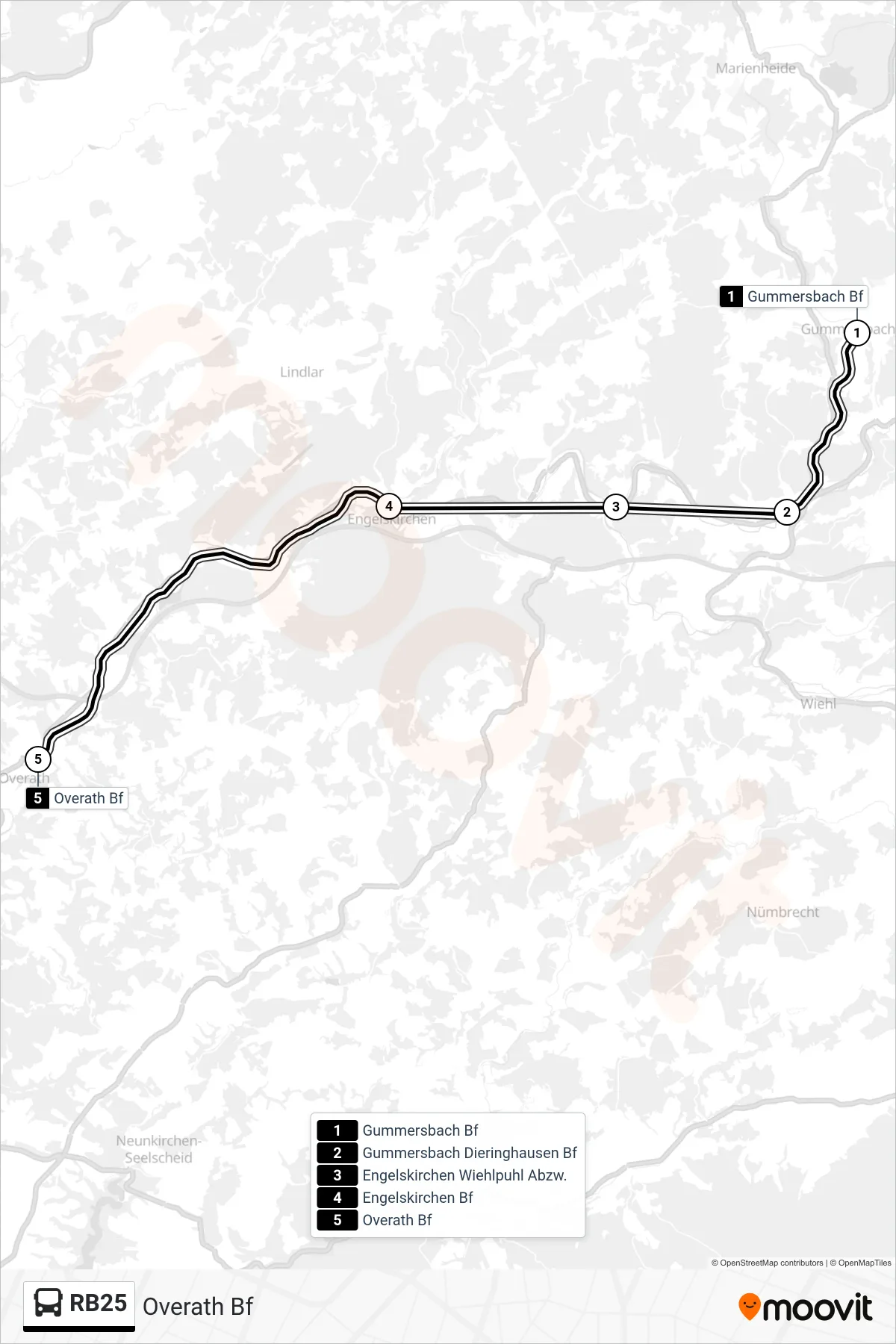 Linie RB25 (Bus) Richtung Overath Bf: Route und Haltestellen auf der Karte