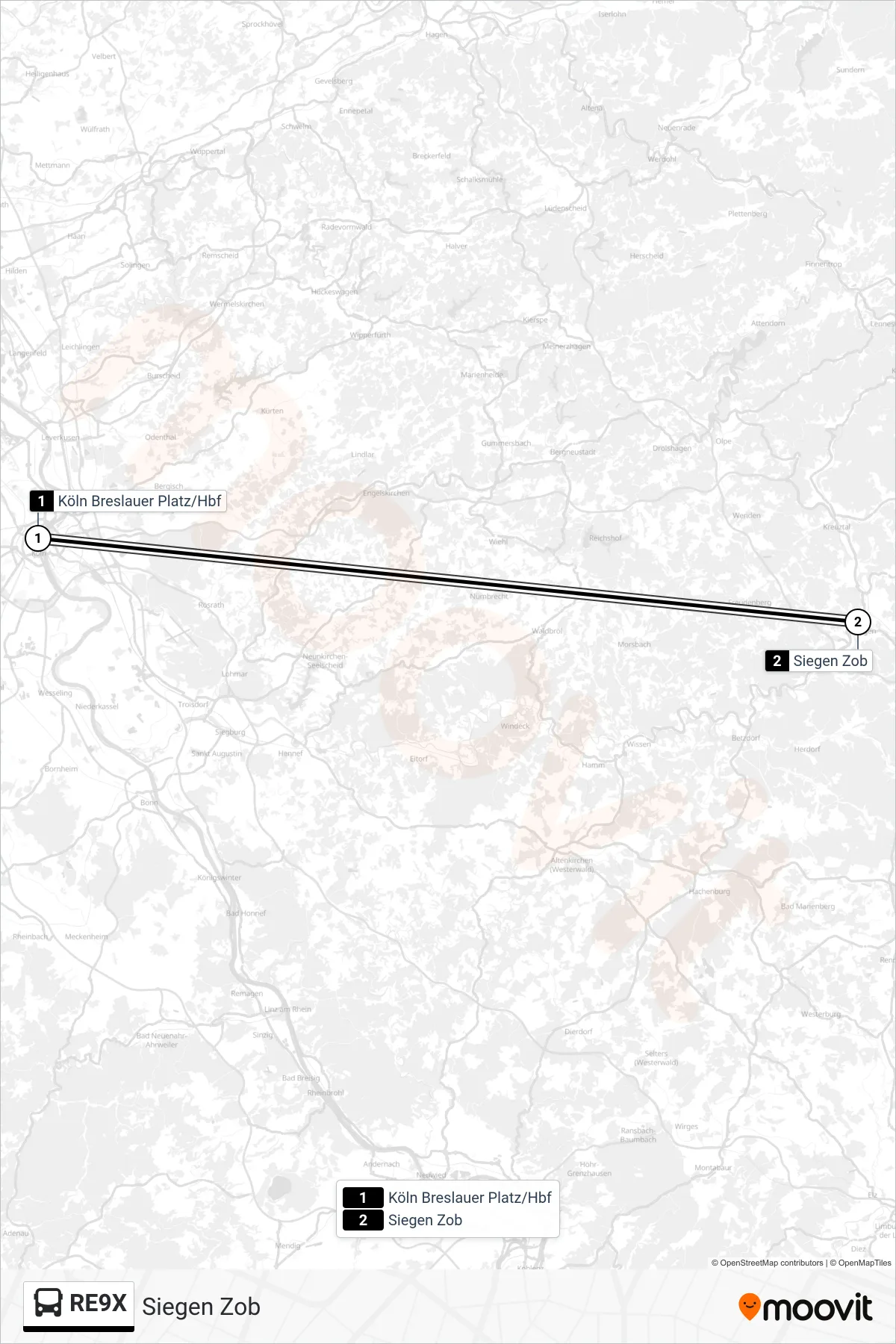 RE9X bus Line (Siegen Zob) route and stops on a map