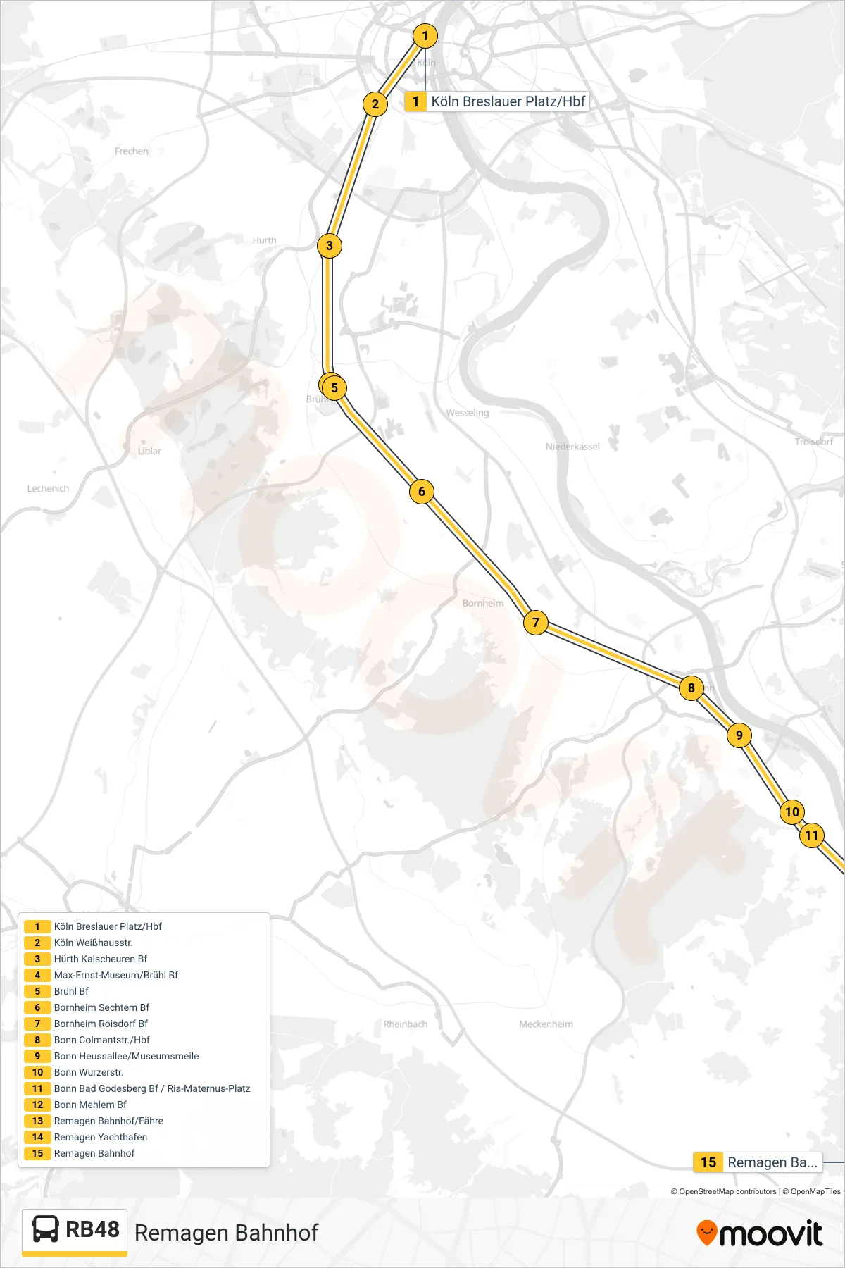 Linie RB48 (Bus) Richtung Remagen Bahnhof: Route und Haltestellen auf der Karte