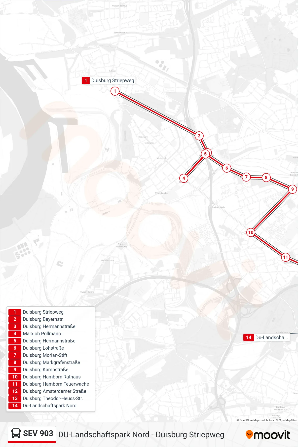 Linie SEV 903 (Bus) Richtung Du-Landschaftspark Nord: Route und Haltestellen auf der Karte