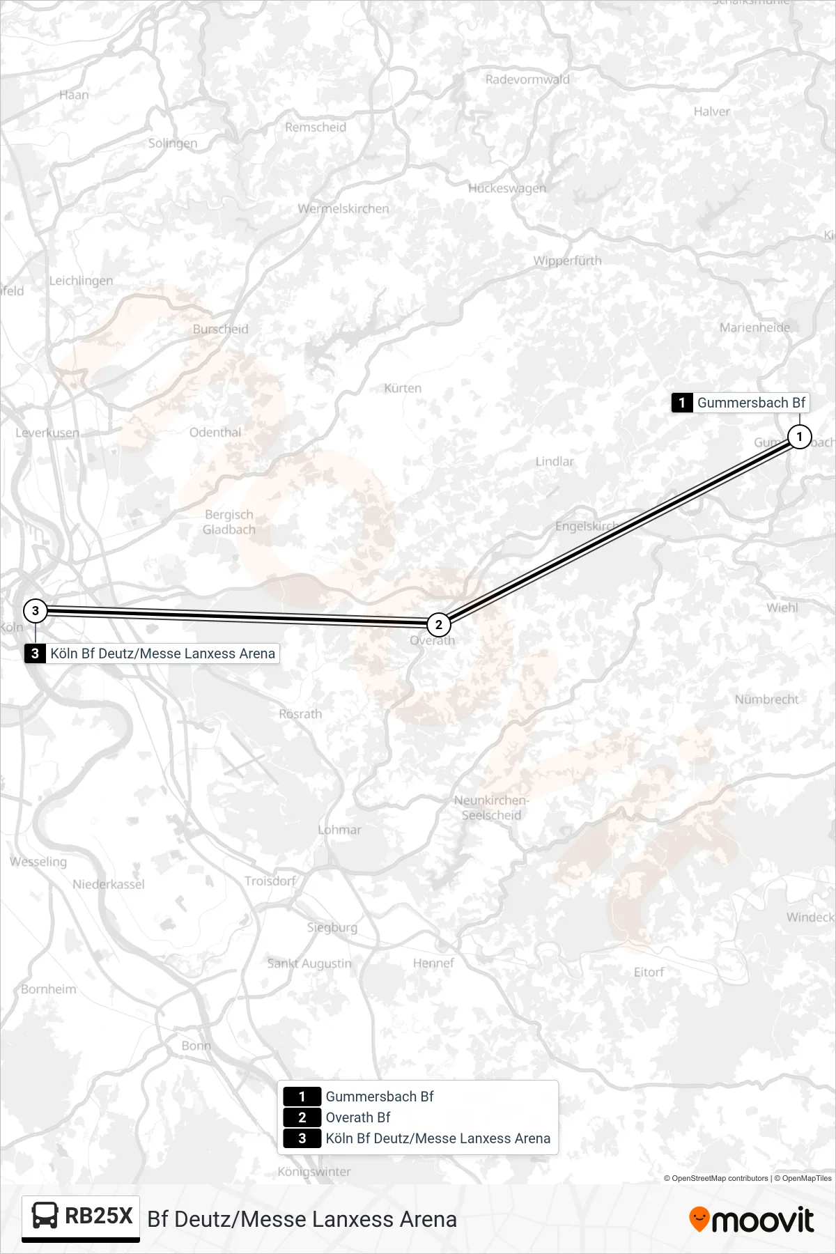 Linie RB25X (Bus) Richtung Bf Deutz/Messe Lanxess Arena: Route und Haltestellen auf der Karte
