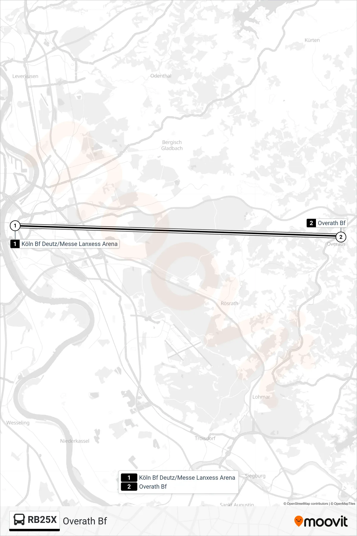 RB25X bus Line (Overath Bf) route and stops on a map