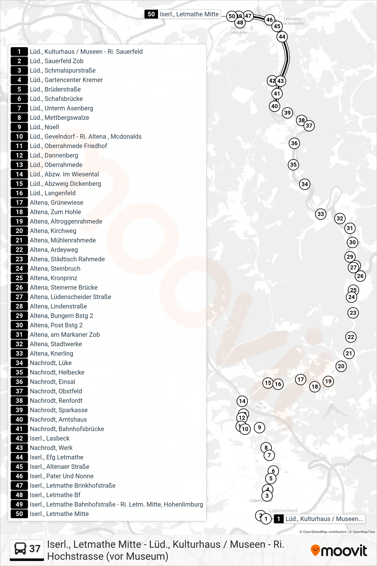 Linie 37 (Bus) Richtung Iserl., Letmathe Mitte: Route und Haltestellen auf der Karte
