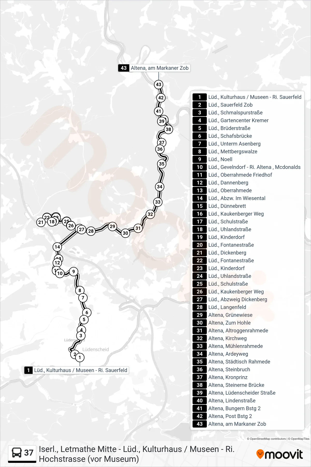 37 bus Line (Altena, am Markaner Zob - Steig 3) route and stops on a map