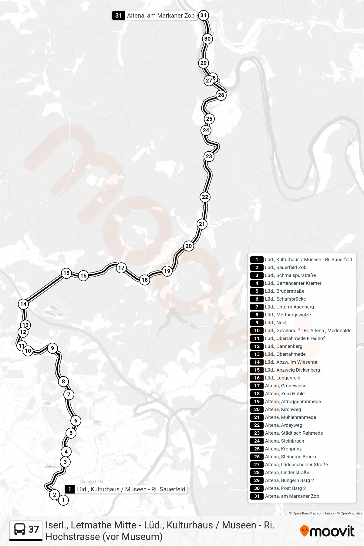 37 bus Line (Altena, am Markaner Zob - Steig 1) route and stops on a map