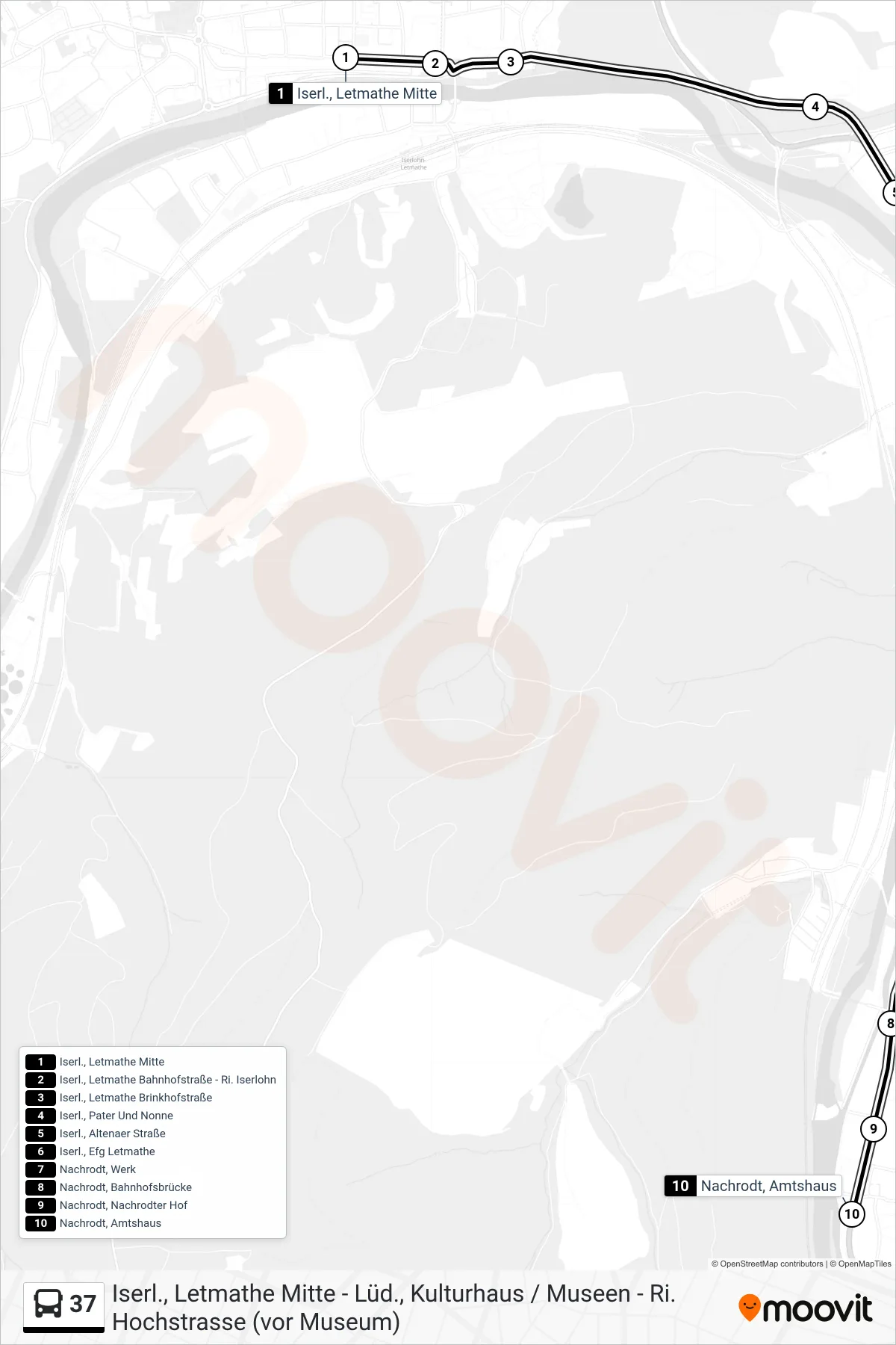 37 bus Line (Nachrodt, Amtshaus) route and stops on a map