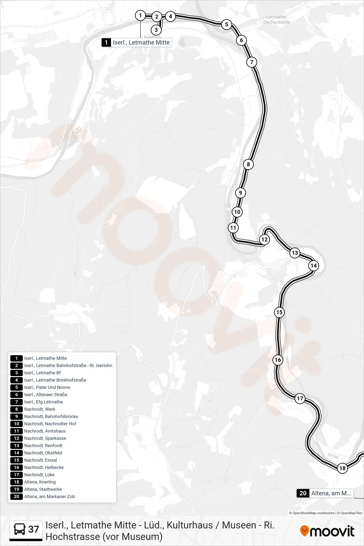 Linie 37 (Bus) Richtung Altena, am Markaner Zob - Steig 3: Route und Haltestellen auf der Karte