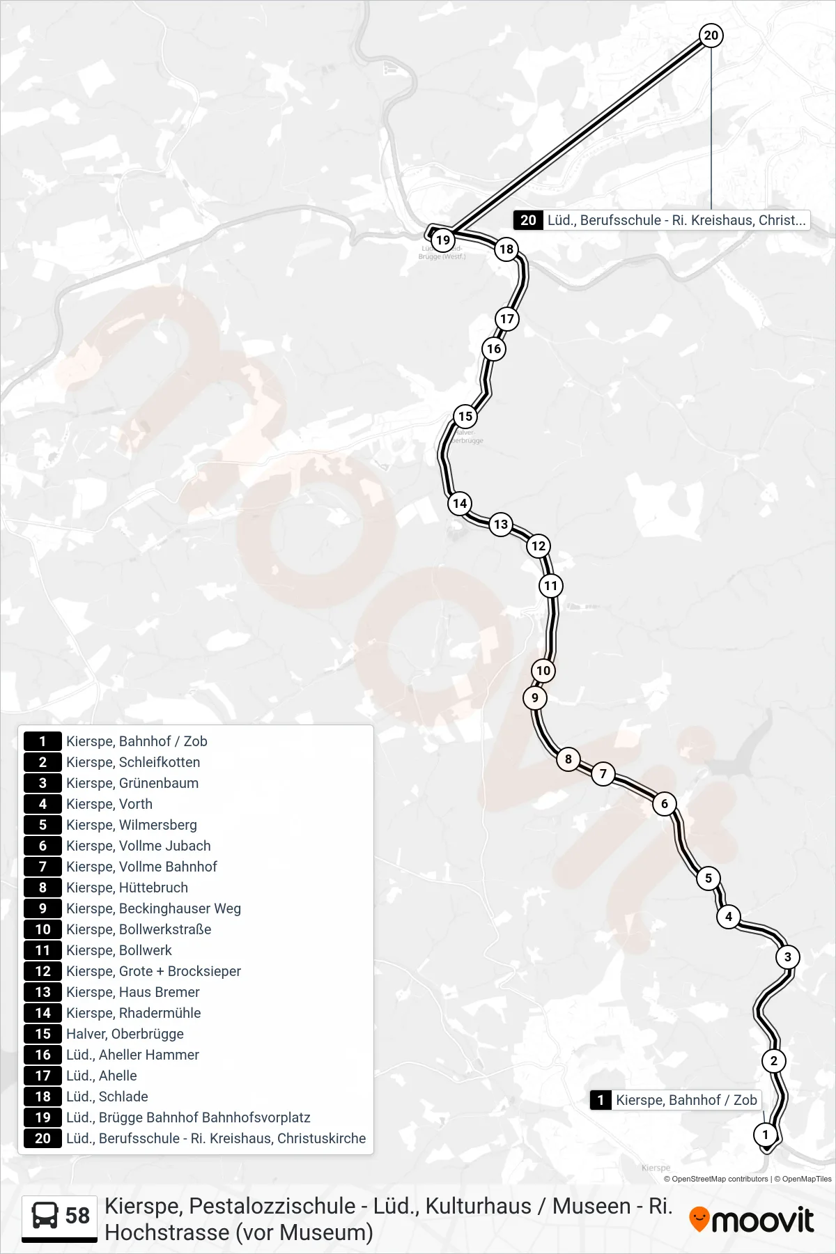 Linie 58 (Bus) Richtung Lüd., Berufsschule - Ri. Kreishaus, Christuskirche: Route und Haltestellen auf der Karte