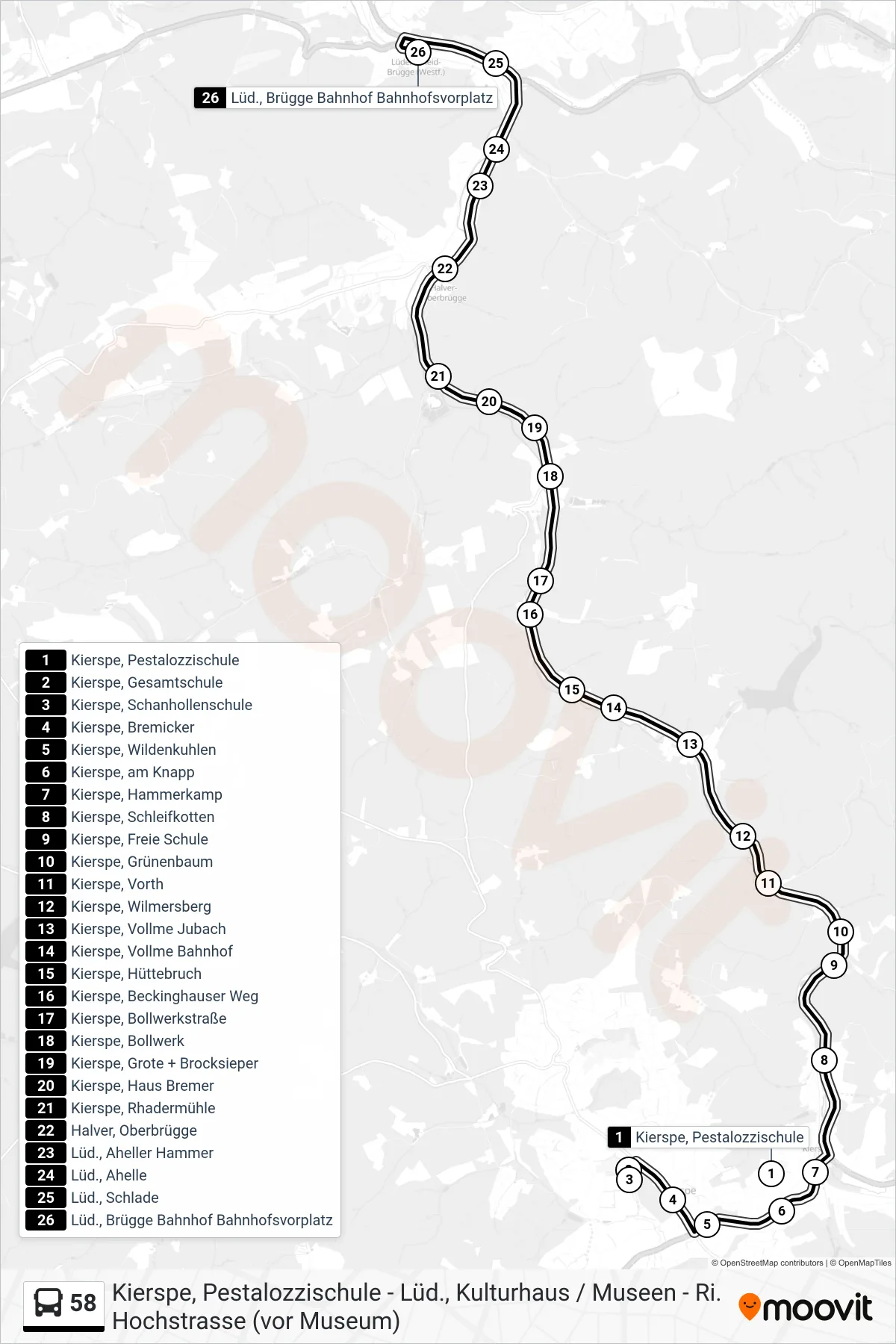 58 bus Line (Lüd., Brügge Bahnhof Bahnhofsvorplatz) route and stops on a map
