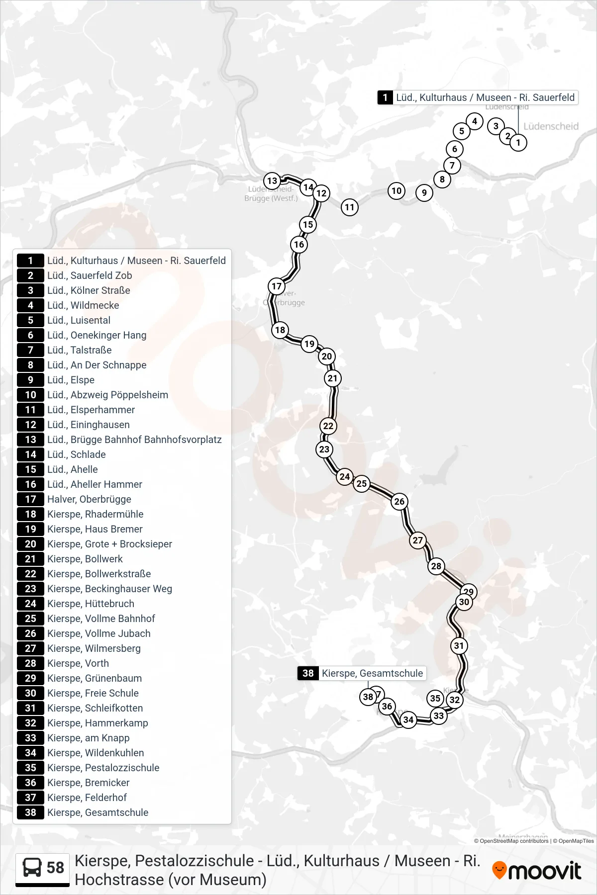 Linie 58 (Bus) Richtung Kierspe, Gesamtschule: Route und Haltestellen auf der Karte