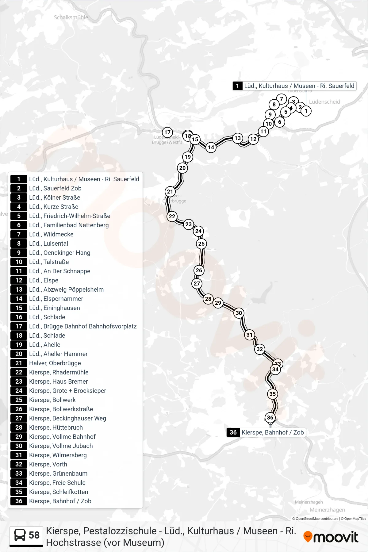 58 bus Line (Kierspe, Bahnhof / Zob Bstg 4) route and stops on a map