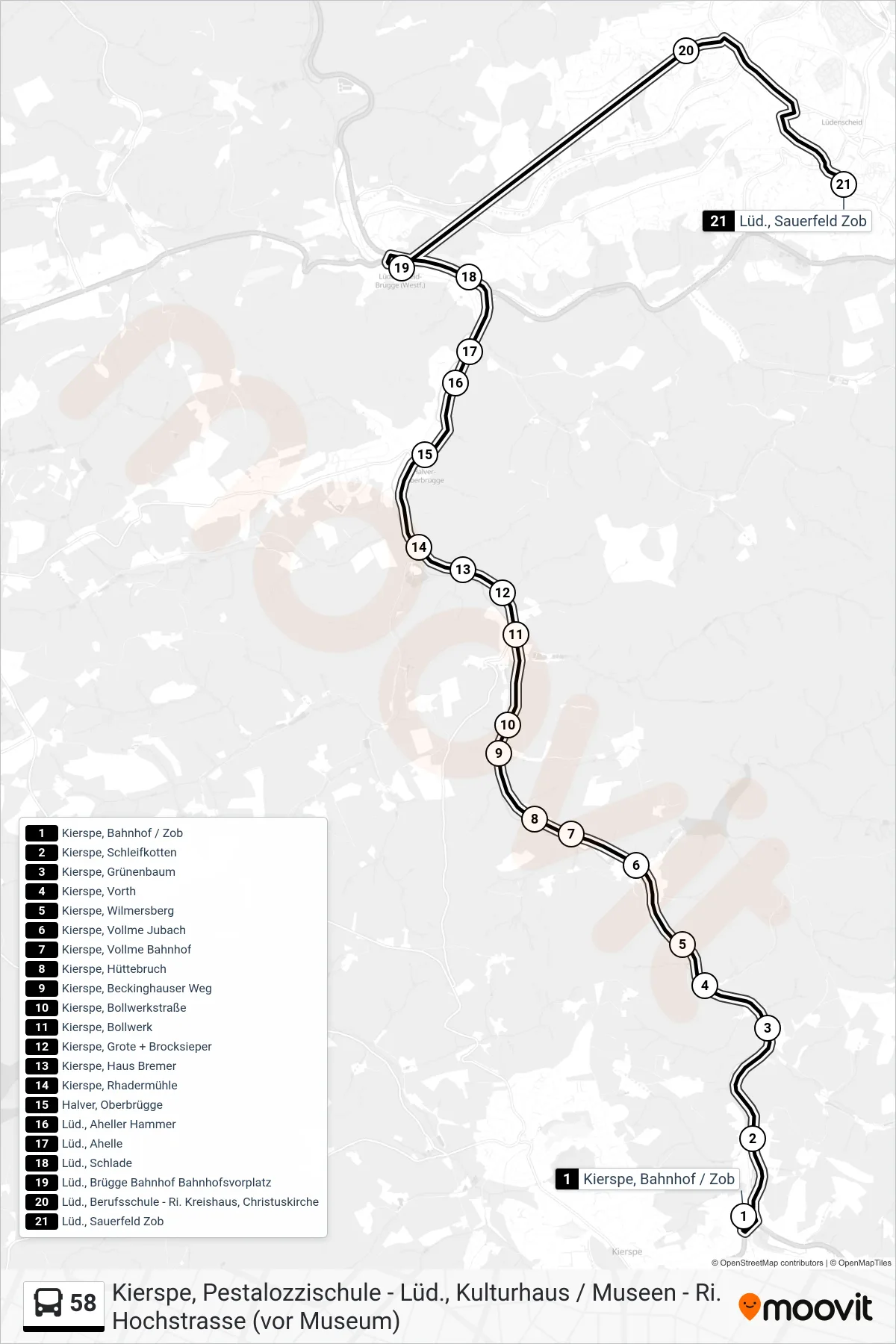 Linie 58 (Bus) Richtung Lüd., Sauerfeld Zob - Steig 2b: Route und Haltestellen auf der Karte