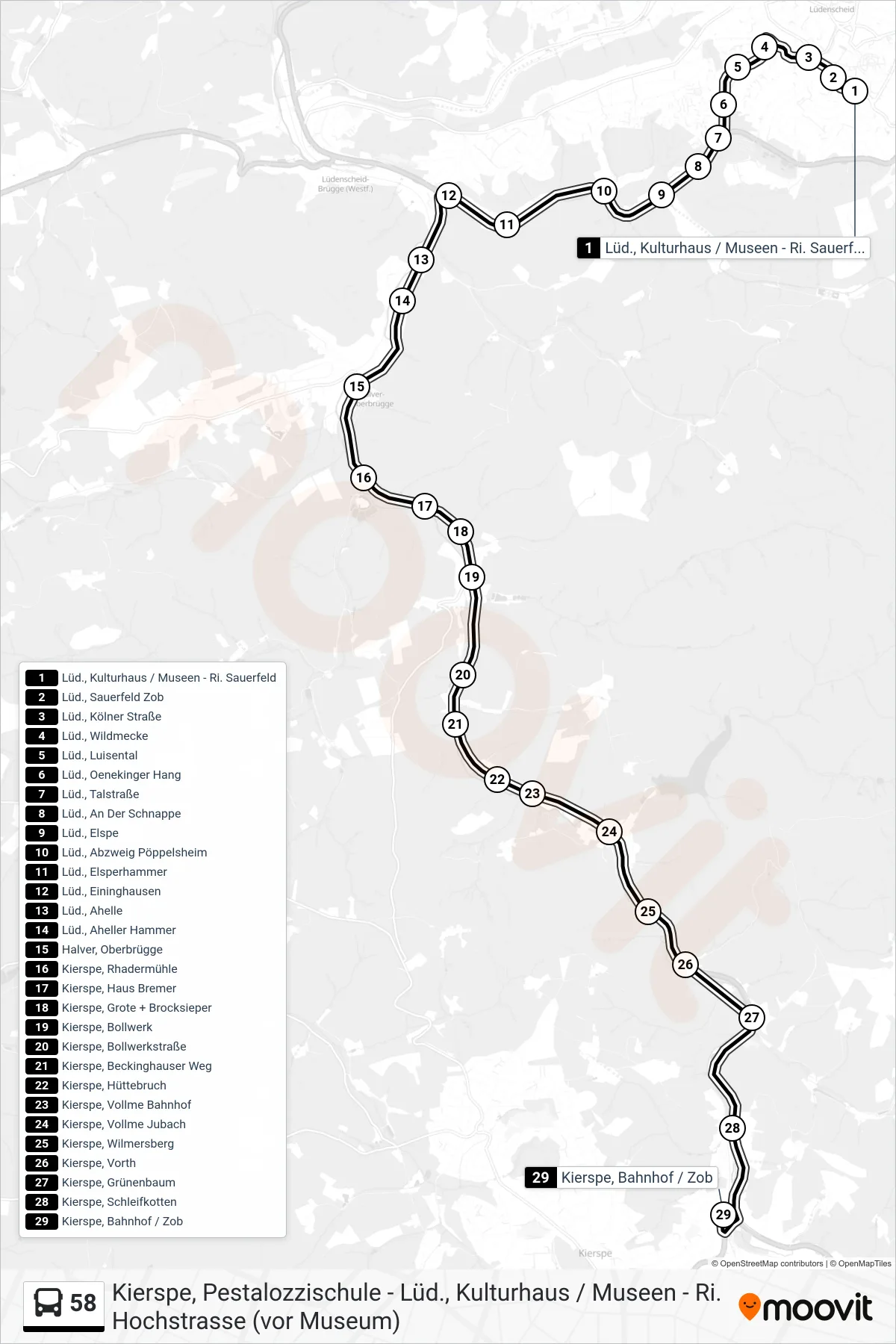 58 bus Line (Kierspe, Bahnhof / Zob Bstg 3) route and stops on a map