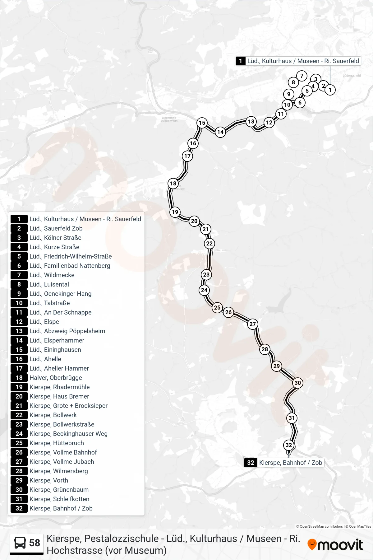 Linie 58 (Bus) Richtung Kierspe, Bahnhof / Zob Bstg 2: Route und Haltestellen auf der Karte
