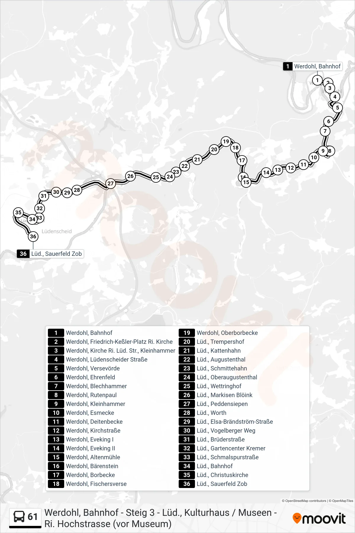 61 bus Line (Lüd., Sauerfeld Zob - Steig 2a) route and stops on a map
