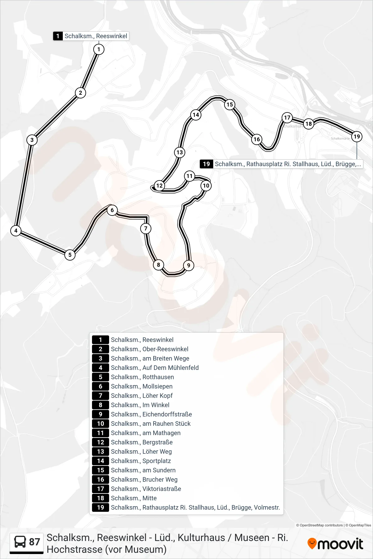 87 bus Line (Schalksm., Rathausplatz Ri. Stallhaus, Lüd., Brügge, Volmestr.) route and stops on a map