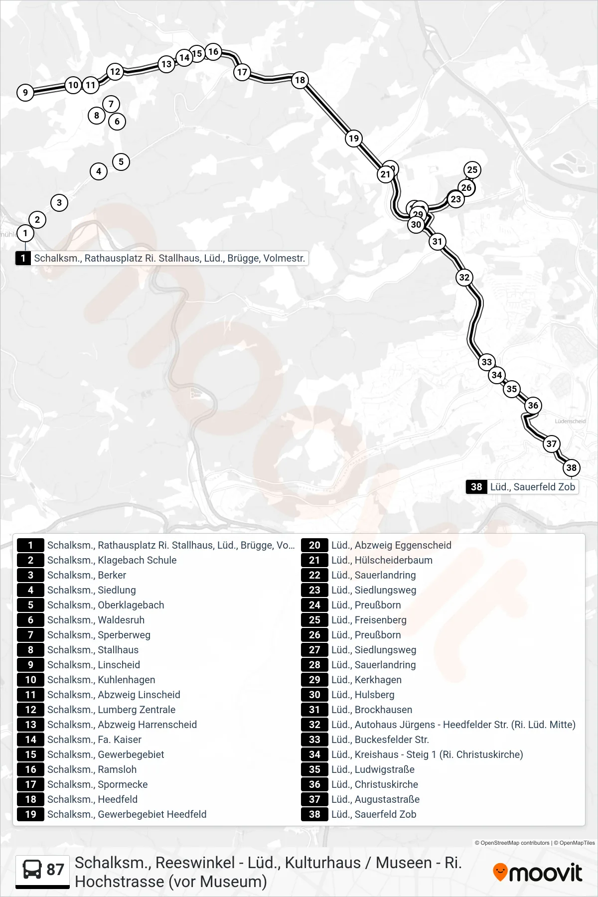 87 bus Line (Lüd., Sauerfeld Zob - Steig 2b) route and stops on a map