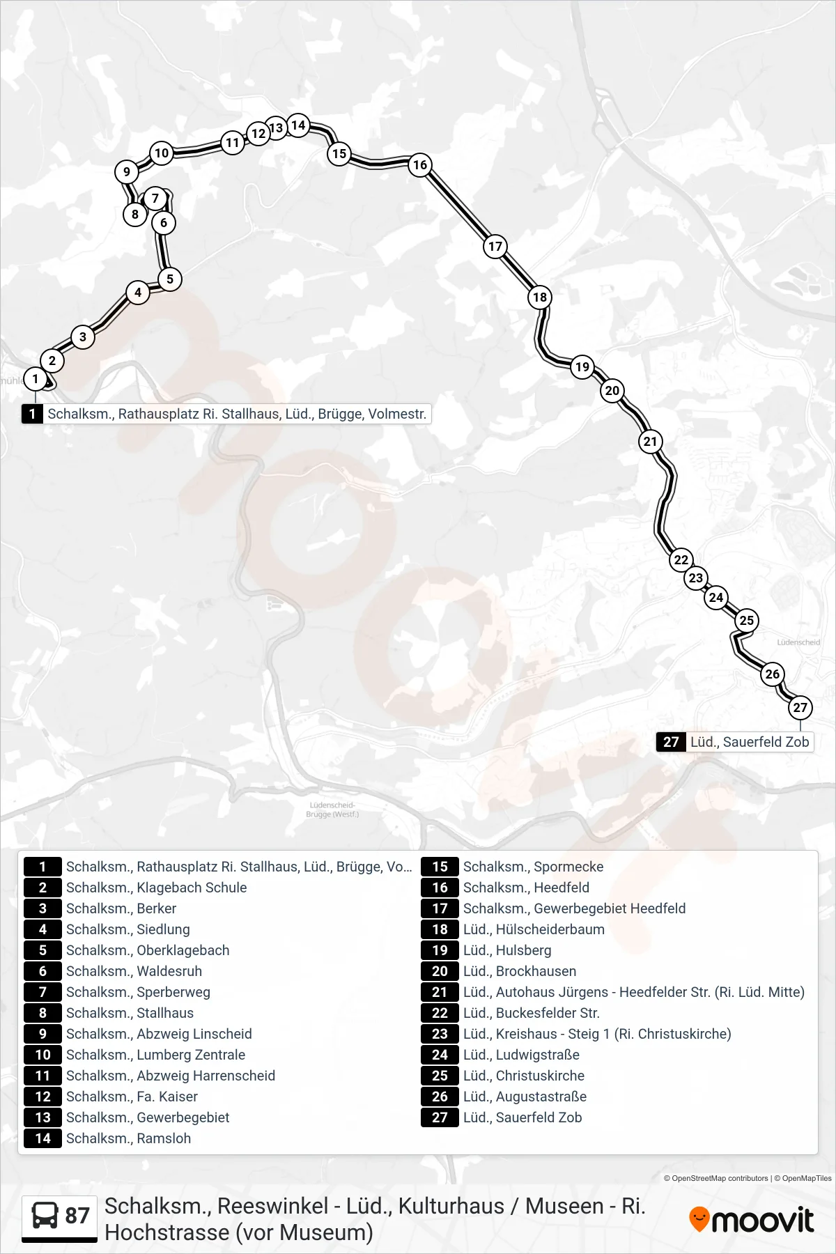 87 bus Line (Lüd., Sauerfeld Zob - Steig 2f) route and stops on a map