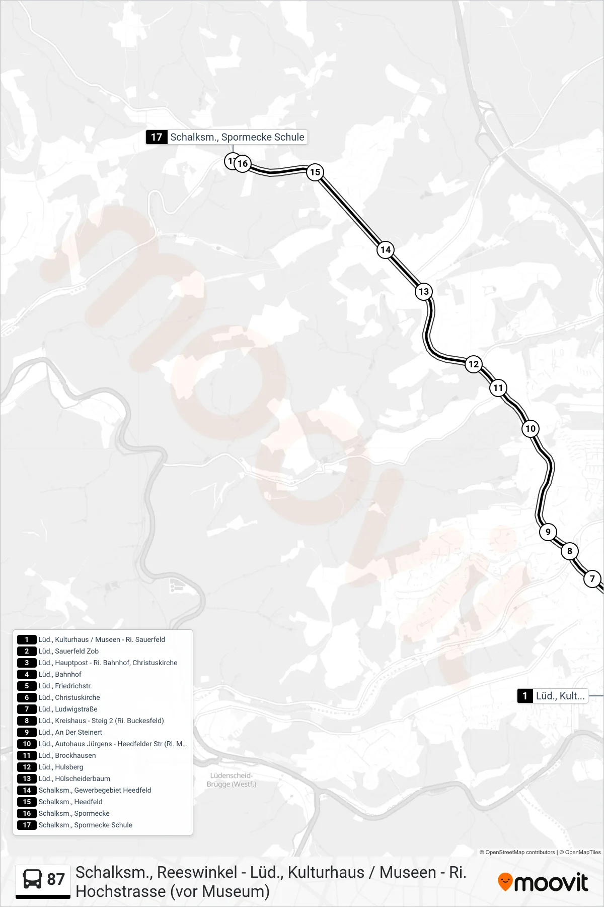 87 bus Line (Schalksm., Spormecke Schule) route and stops on a map