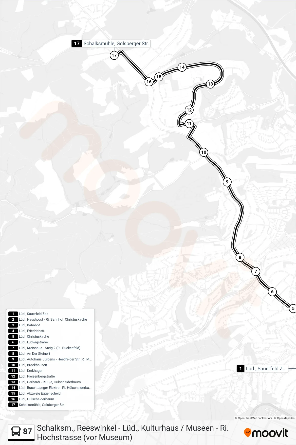 87 bus Line (Schalksmühle, Golsberger Str.) route and stops on a map