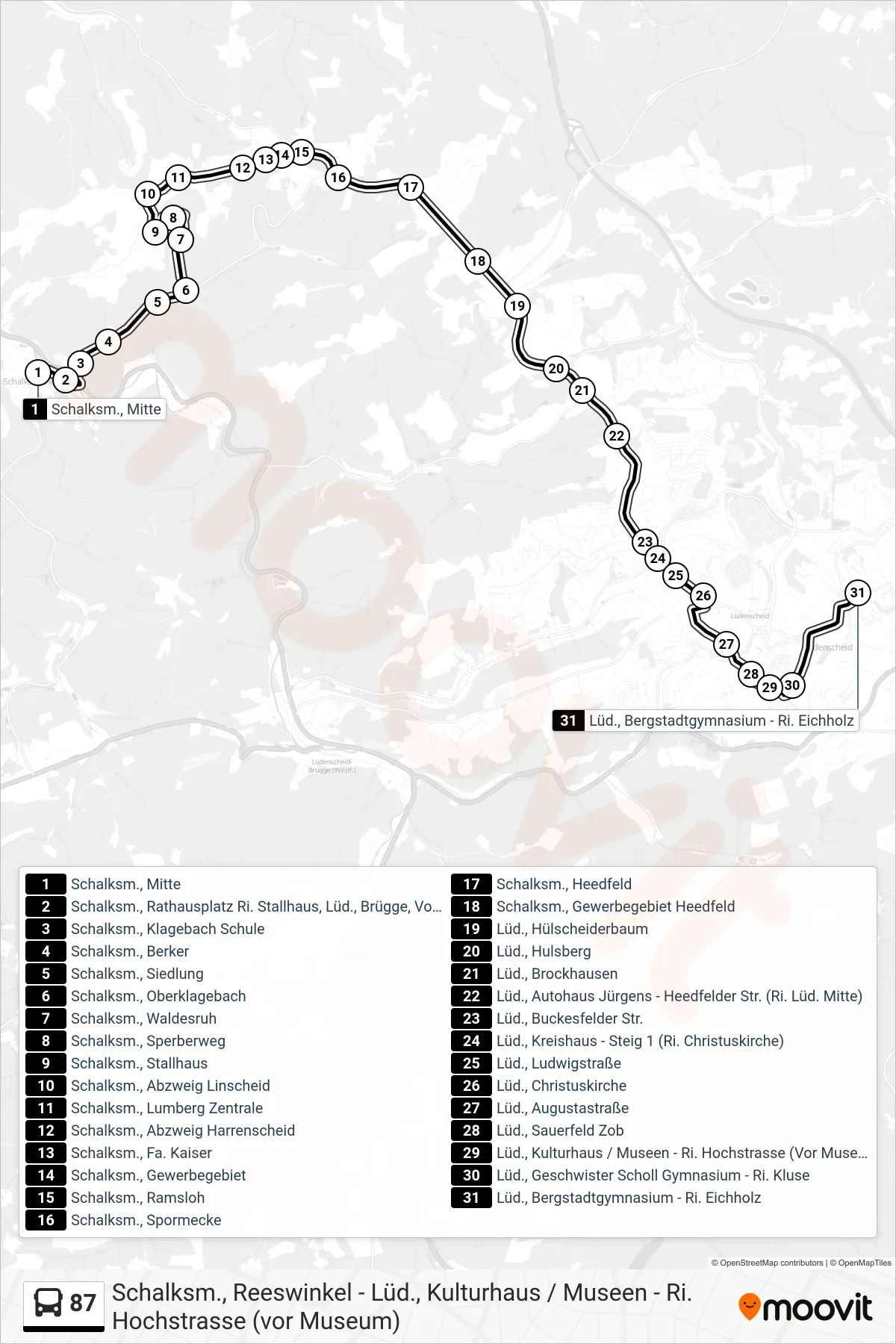 Linie 87 (Bus) Richtung Lüd., Bergstadtgymnasium - Ri. Eichholz: Route und Haltestellen auf der Karte