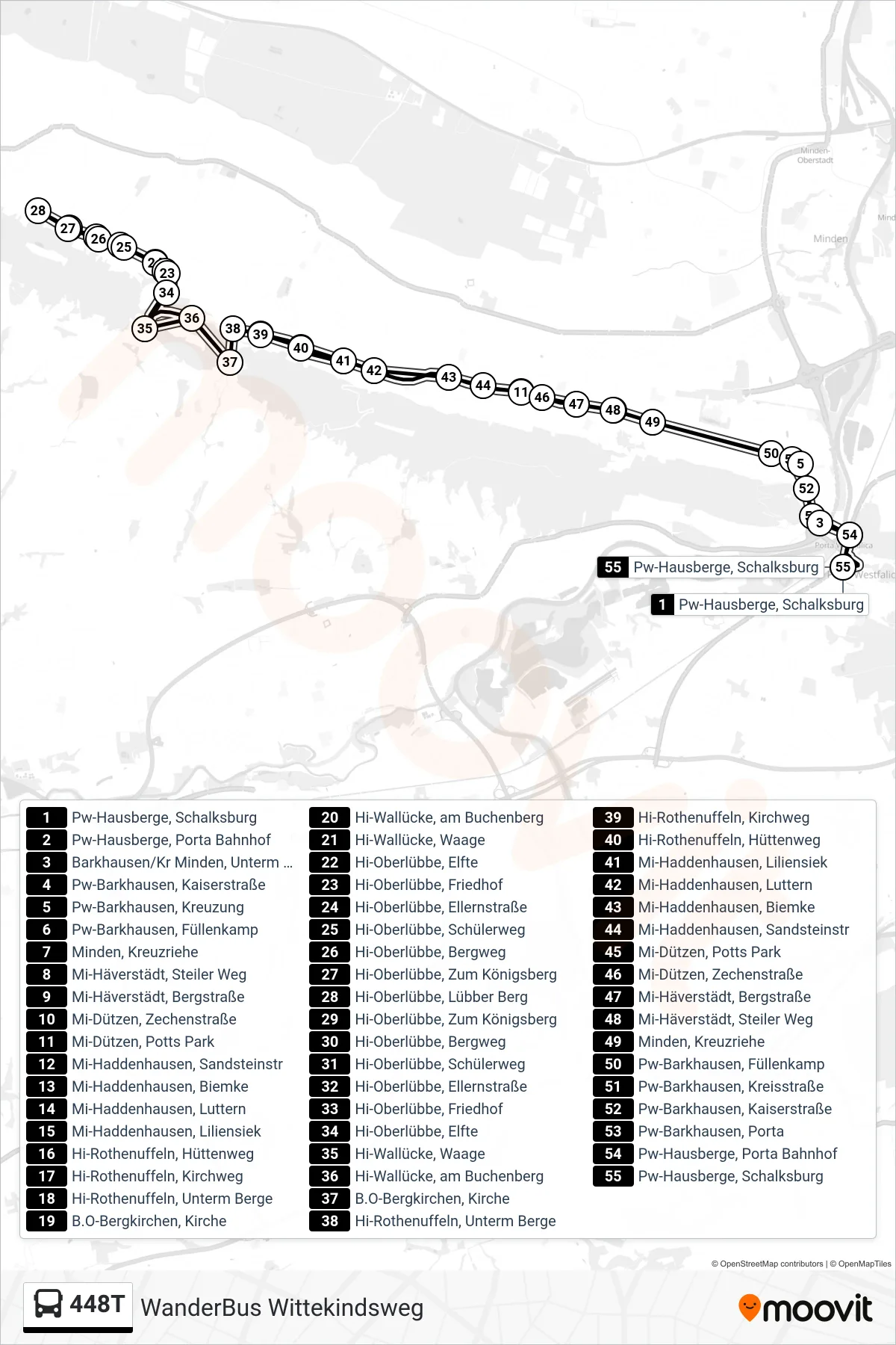 Linie 448T (Bus) Richtung Pw-Hausberge, Schalksburg: Route und Haltestellen auf der Karte