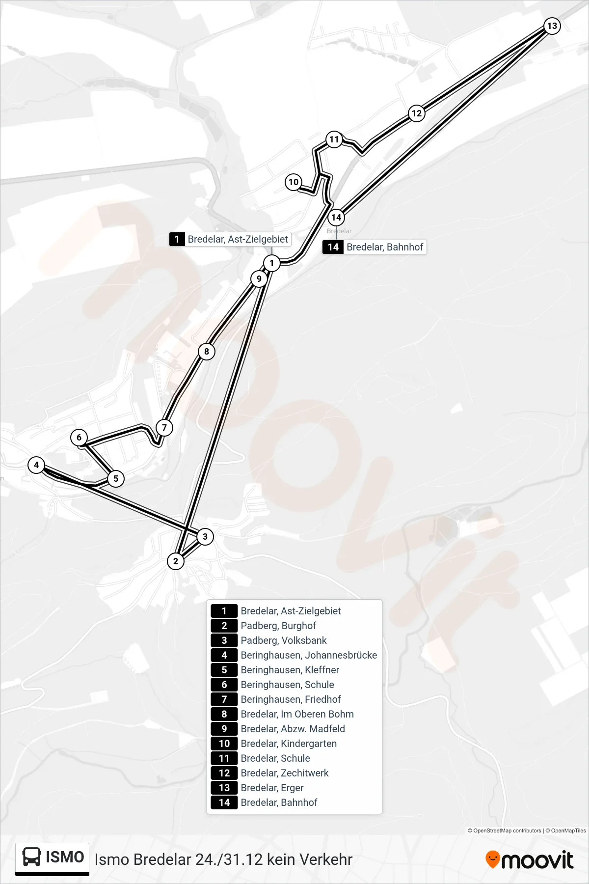 ISMO bus Line (Bredelar, Bahnhof) route and stops on a map