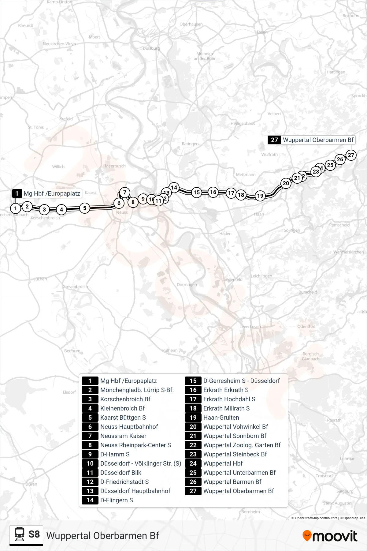 Linie S8 (Bahn) Richtung Wuppertal Oberbarmen Bf: Route und Haltestellen auf der Karte