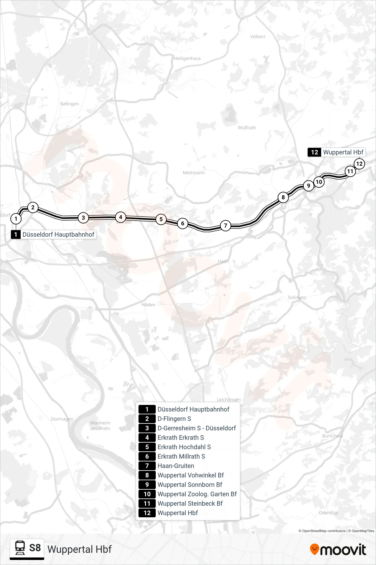 Linie S8 (Bahn) Richtung Wuppertal Hbf: Route und Haltestellen auf der Karte