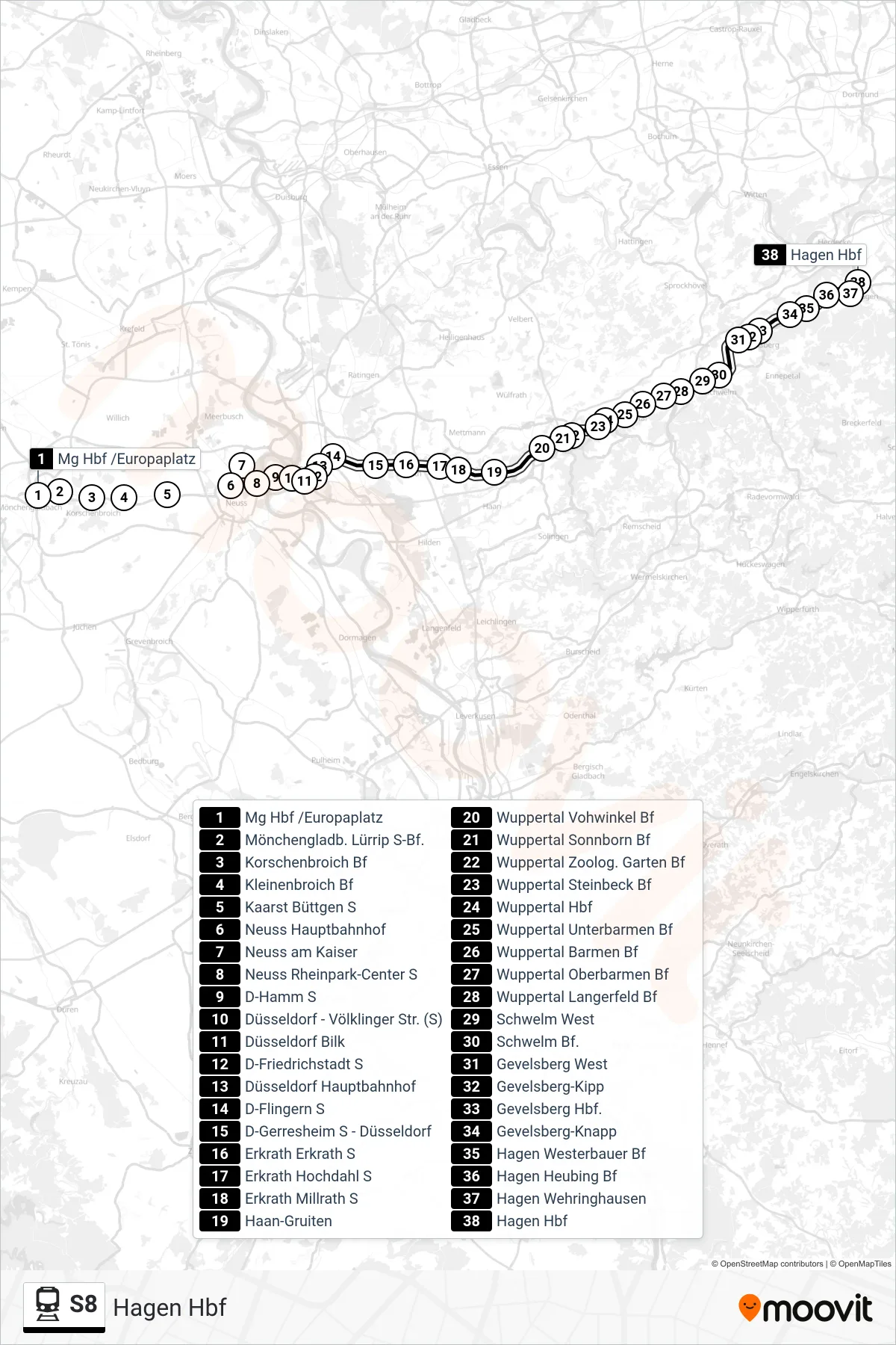 Linie S8 (Bahn) Richtung Hagen Hbf: Route und Haltestellen auf der Karte