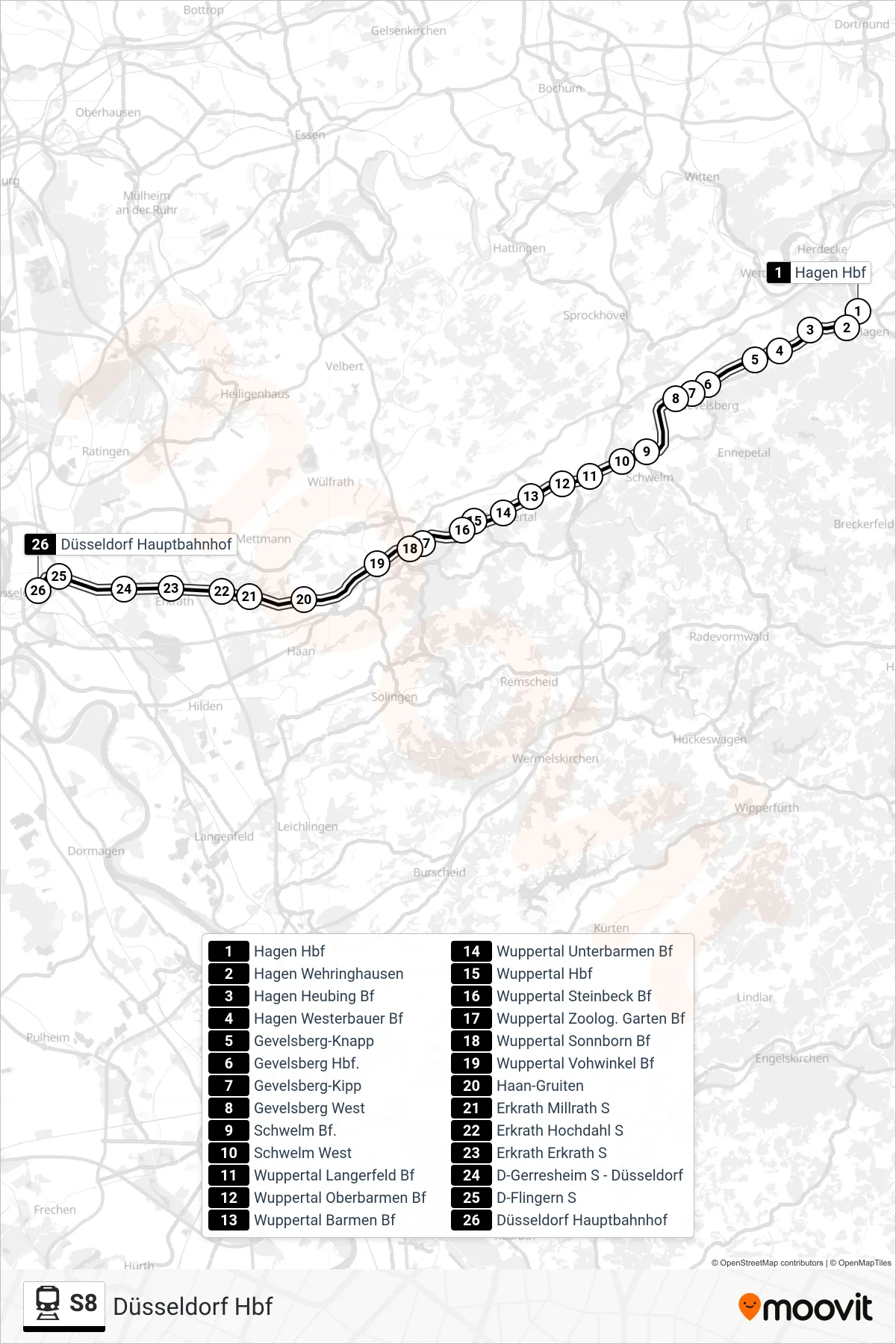 Linie S8 (Bahn) Richtung Düsseldorf Hbf: Route und Haltestellen auf der Karte