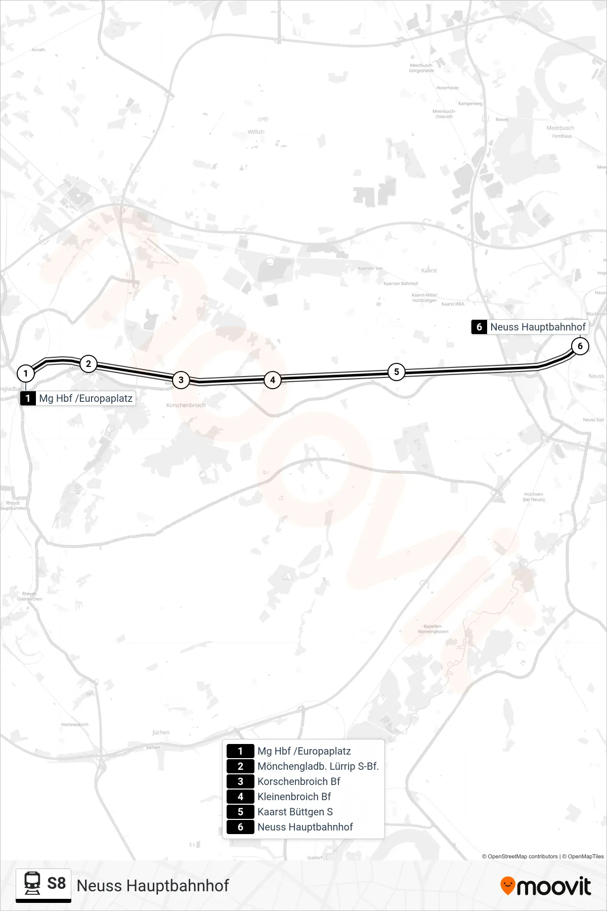 Linie S8 (Bahn) Richtung Neuss Hauptbahnhof: Route und Haltestellen auf der Karte