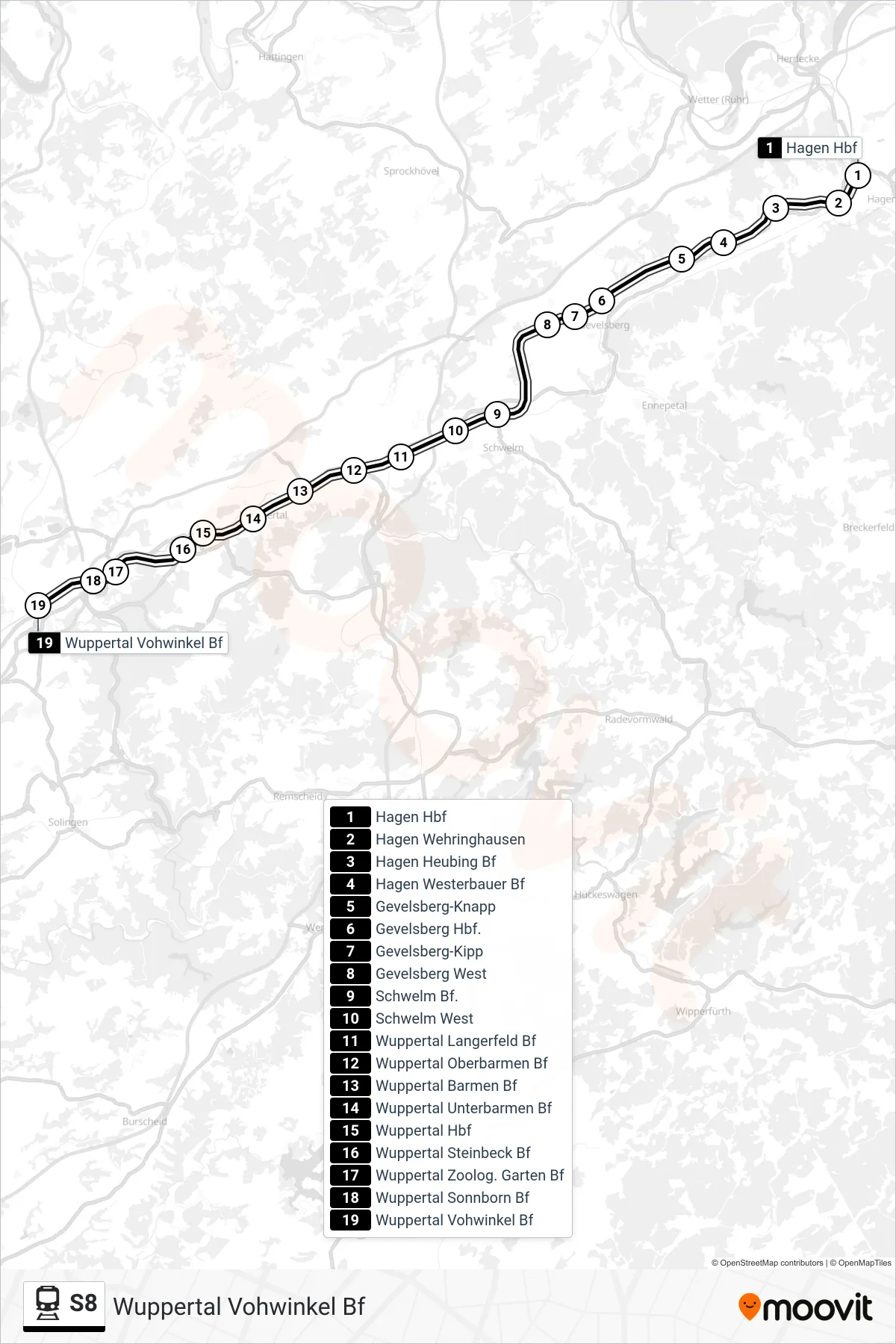 Linie S8 (Bahn) Richtung Wuppertal Vohwinkel Bf: Route und Haltestellen auf der Karte