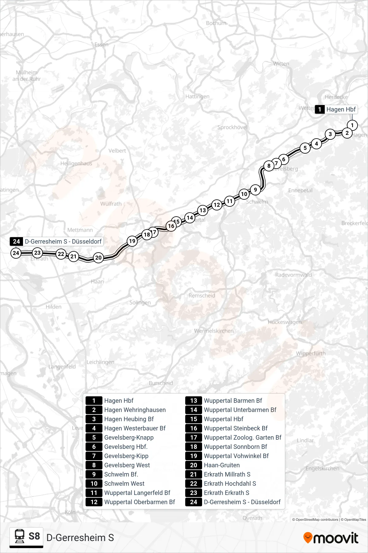 Linie S8 (Bahn) Richtung D-Gerresheim S: Route und Haltestellen auf der Karte