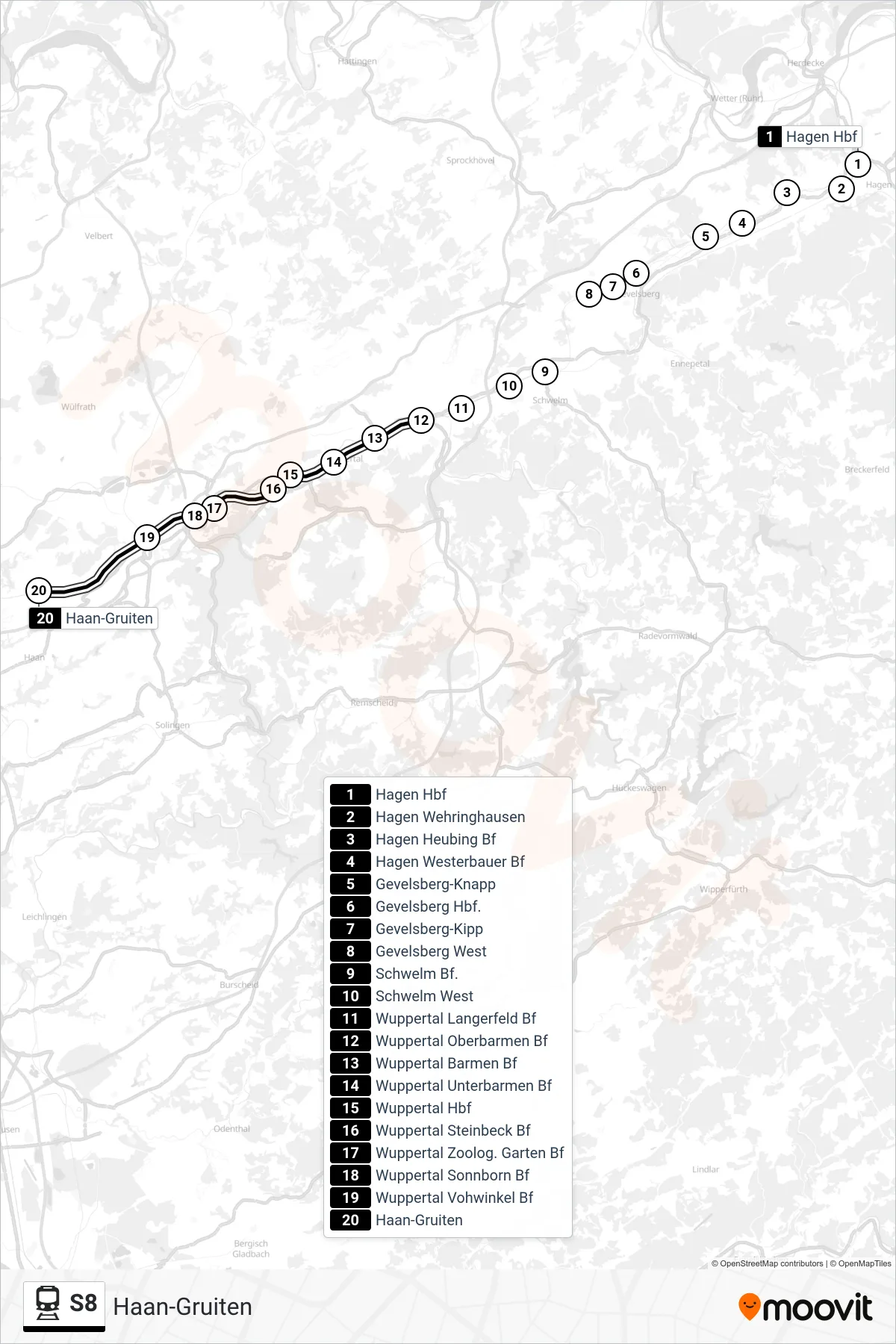 Linie S8 (Bahn) Richtung Haan-Gruiten: Route und Haltestellen auf der Karte