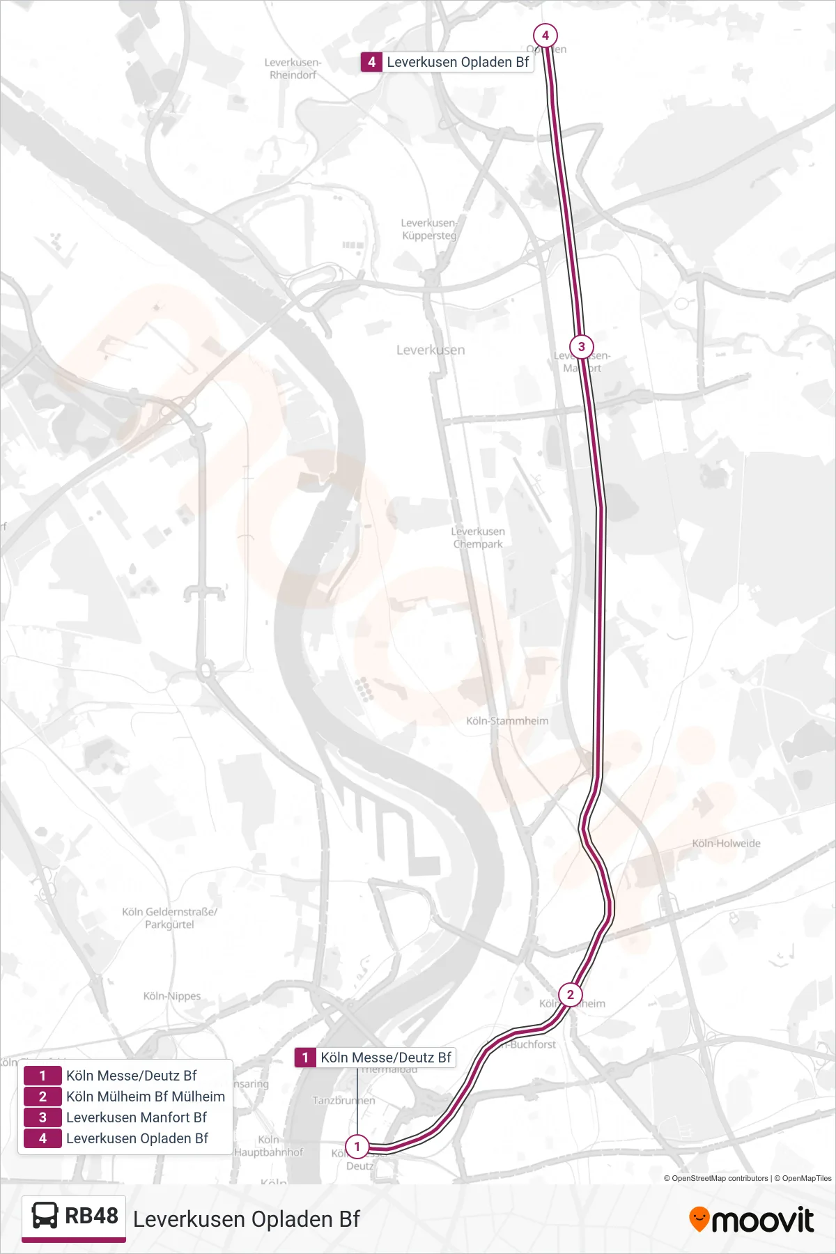 Linie RB48 (Bus) Richtung Leverkusen Opladen Bf: Route und Haltestellen auf der Karte