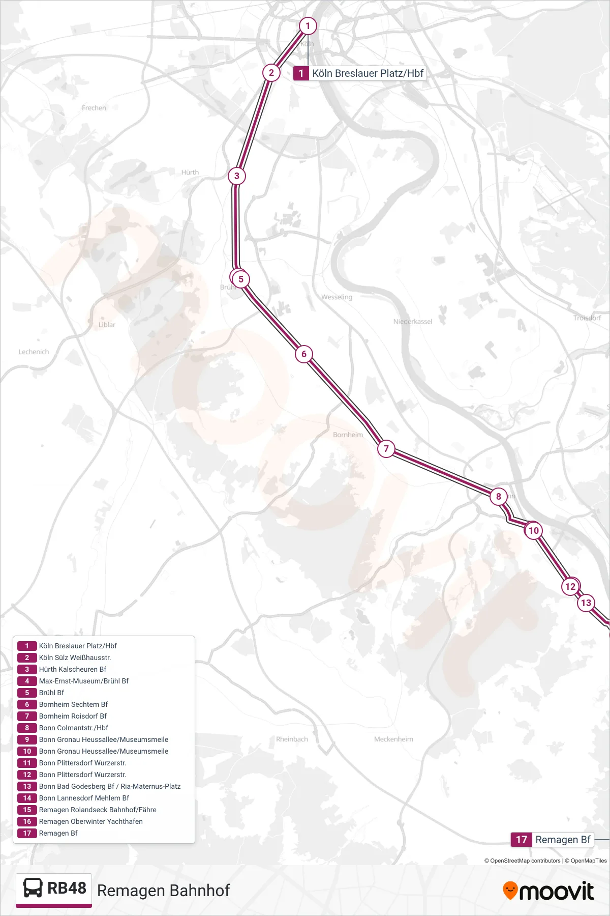 Linie RB48 (Bus) Richtung Remagen Bahnhof: Route und Haltestellen auf der Karte