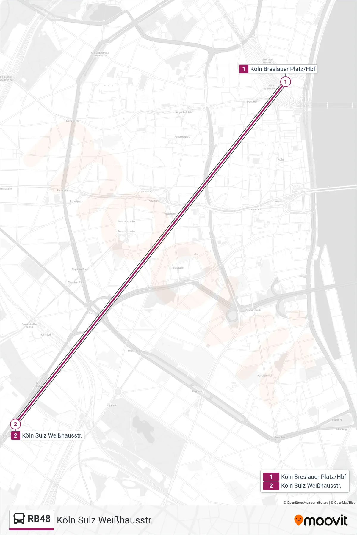 Linie RB48 (Bus) Richtung Köln Sülz Weißhausstr.: Route und Haltestellen auf der Karte