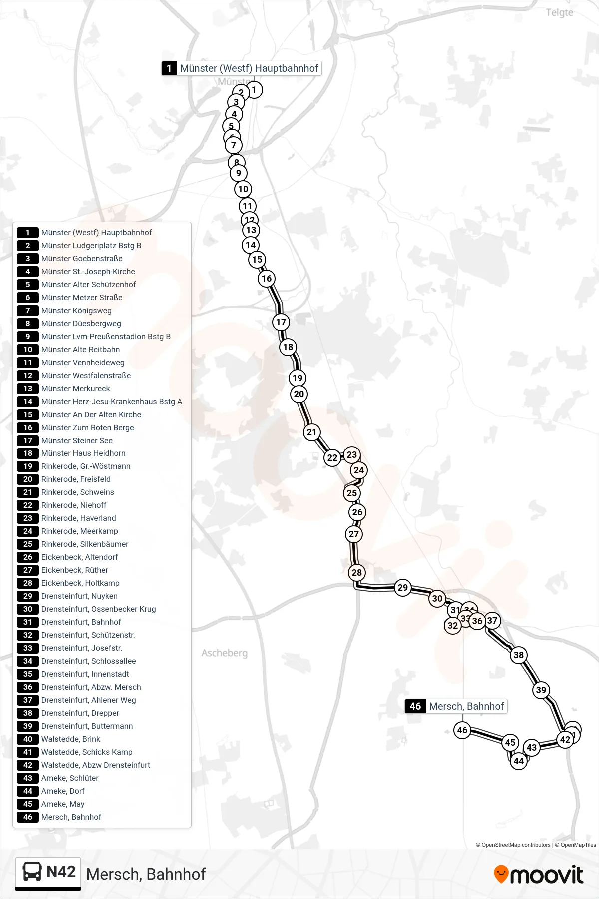 N42 bus Line (Mersch, Bahnhof) route and stops on a map