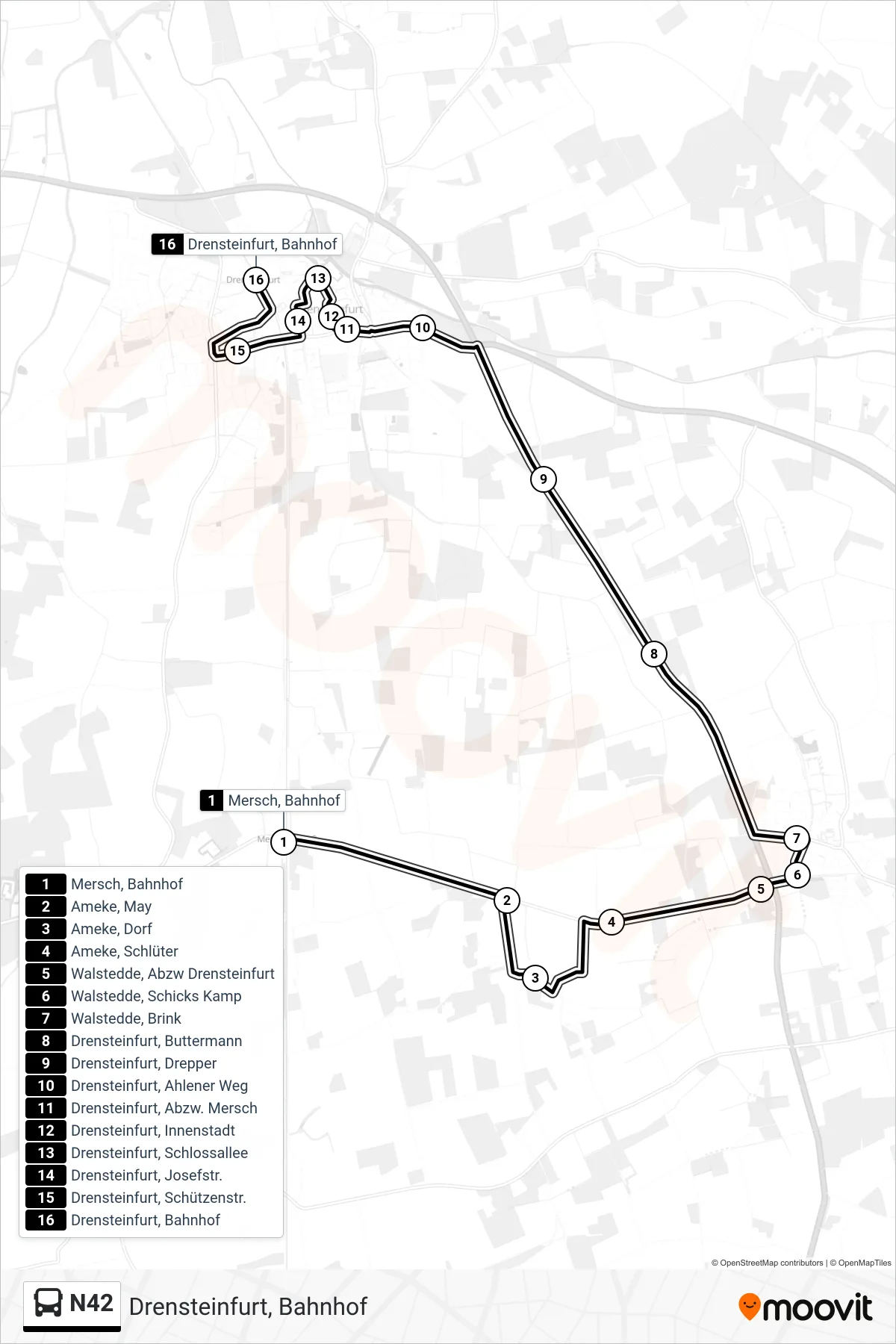N42 bus Line (Drensteinfurt, Bahnhof) route and stops on a map