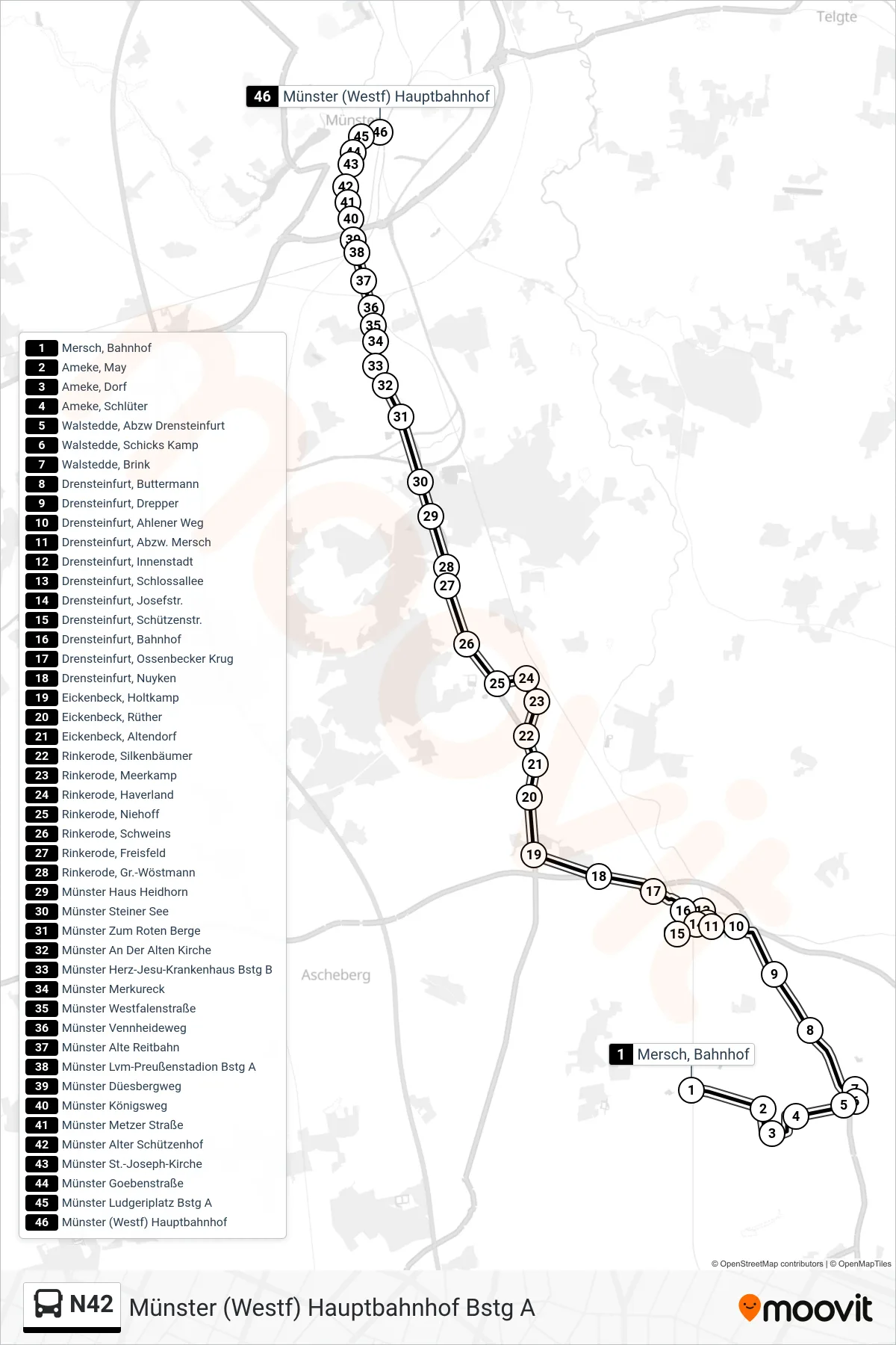 Linie N42 (Bus) Richtung Münster (Westf) Hauptbahnhof Bstg A: Route und Haltestellen auf der Karte