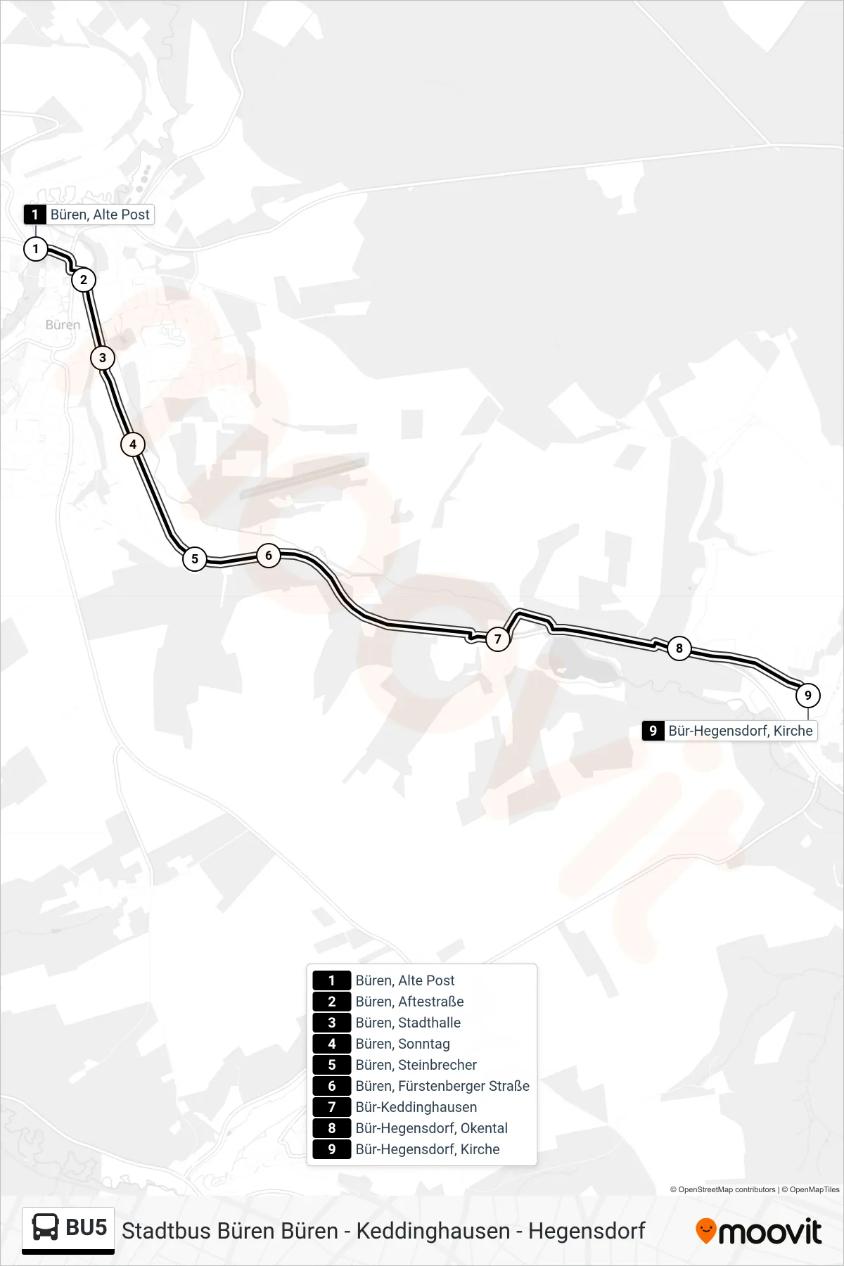 Linie BU5 (Bus) Richtung Bür-Hegensdorf, Kirche: Route und Haltestellen auf der Karte