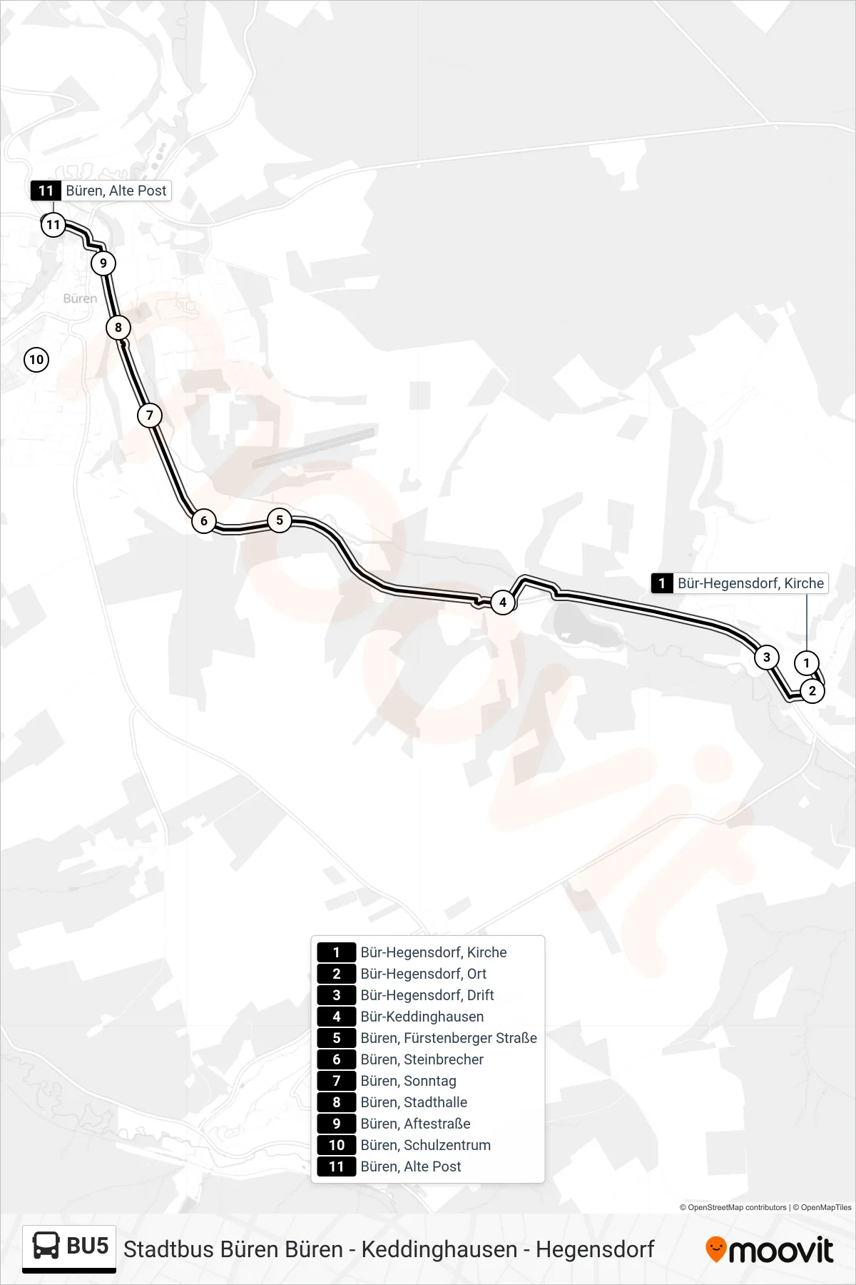 Linie BU5 (Bus) Richtung Büren, Alte Post: Route und Haltestellen auf der Karte