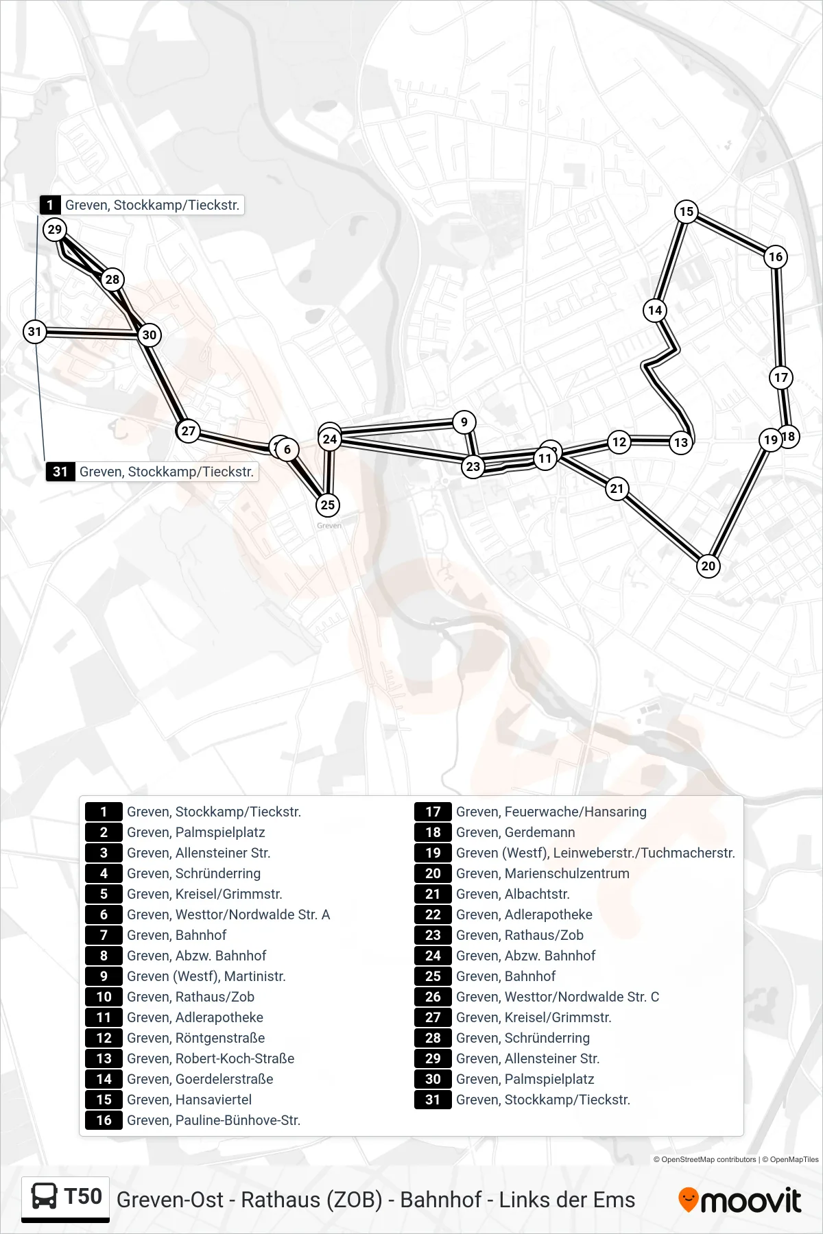 Linie T50 (Bus) Richtung Greven, Stockkamp/Tieckstr.: Route und Haltestellen auf der Karte