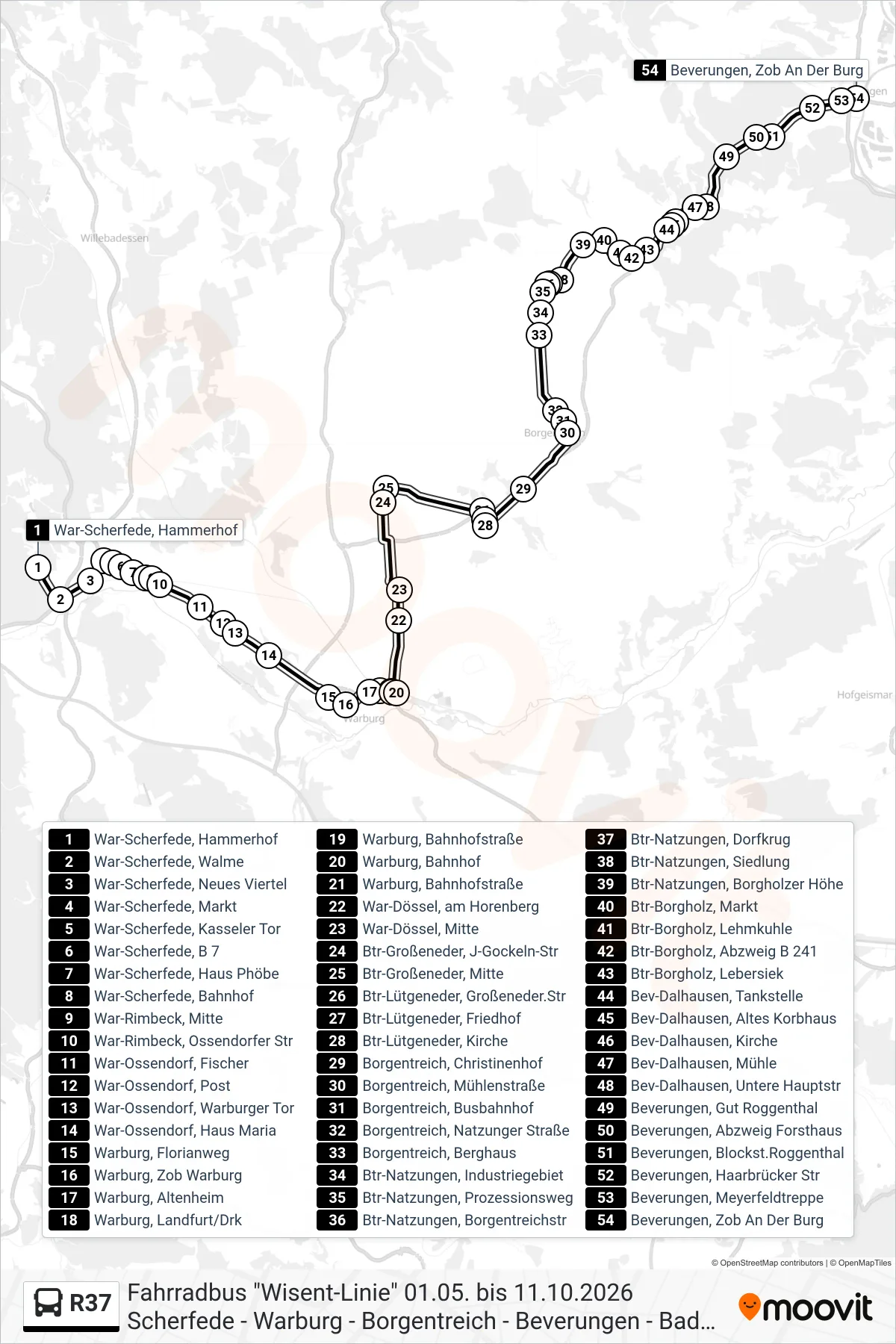 R37 bus Line (Beverungen, Zob An Der Burg) route and stops on a map