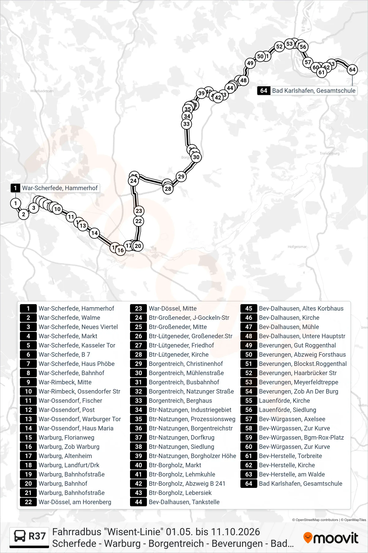 R37 bus Line (Bad Karlshafen, Gesamtschule) route and stops on a map