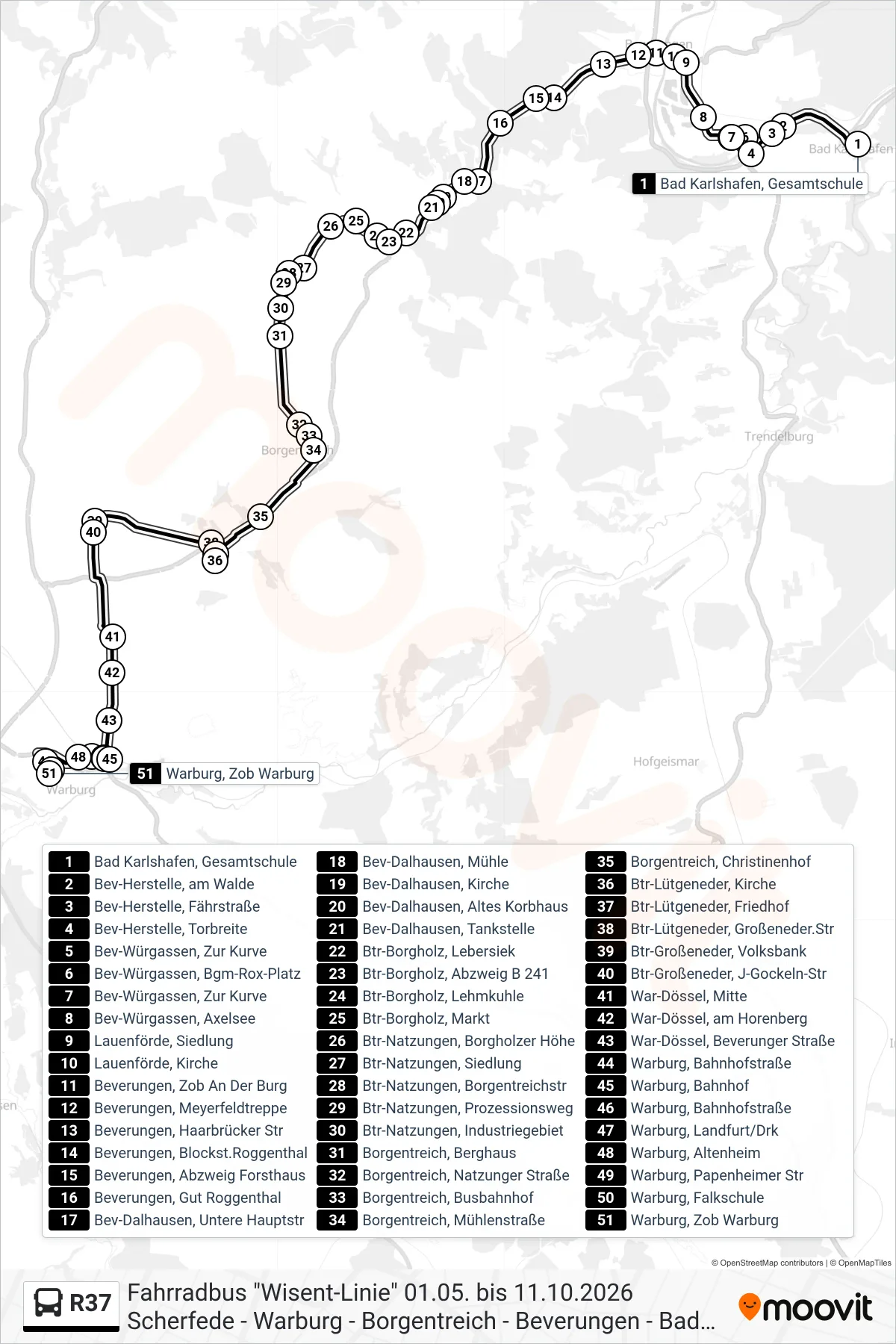R37 bus Line (Warburg, Zob Warburg Bstg 6) route and stops on a map