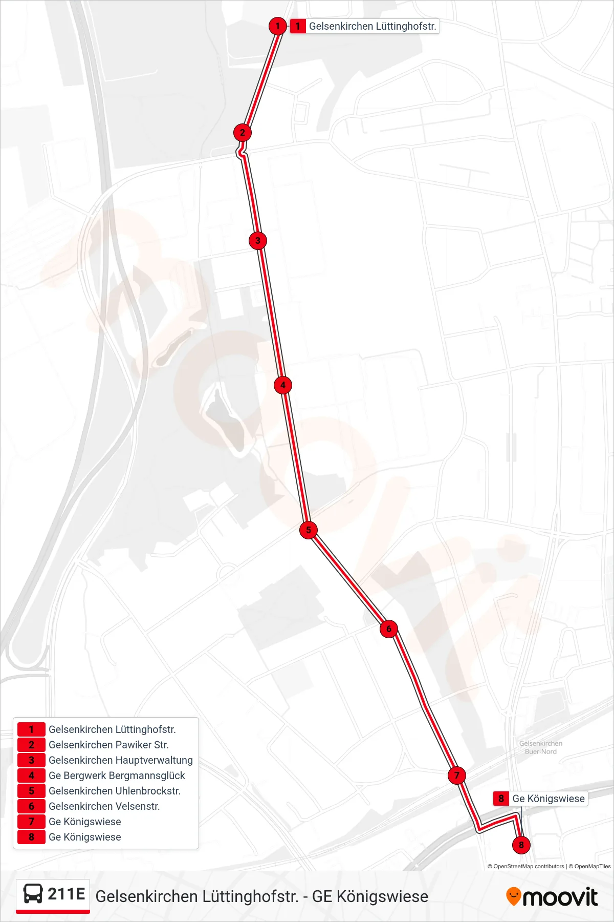 Linie 211E (Bus) Richtung Ge Königswiese: Route und Haltestellen auf der Karte