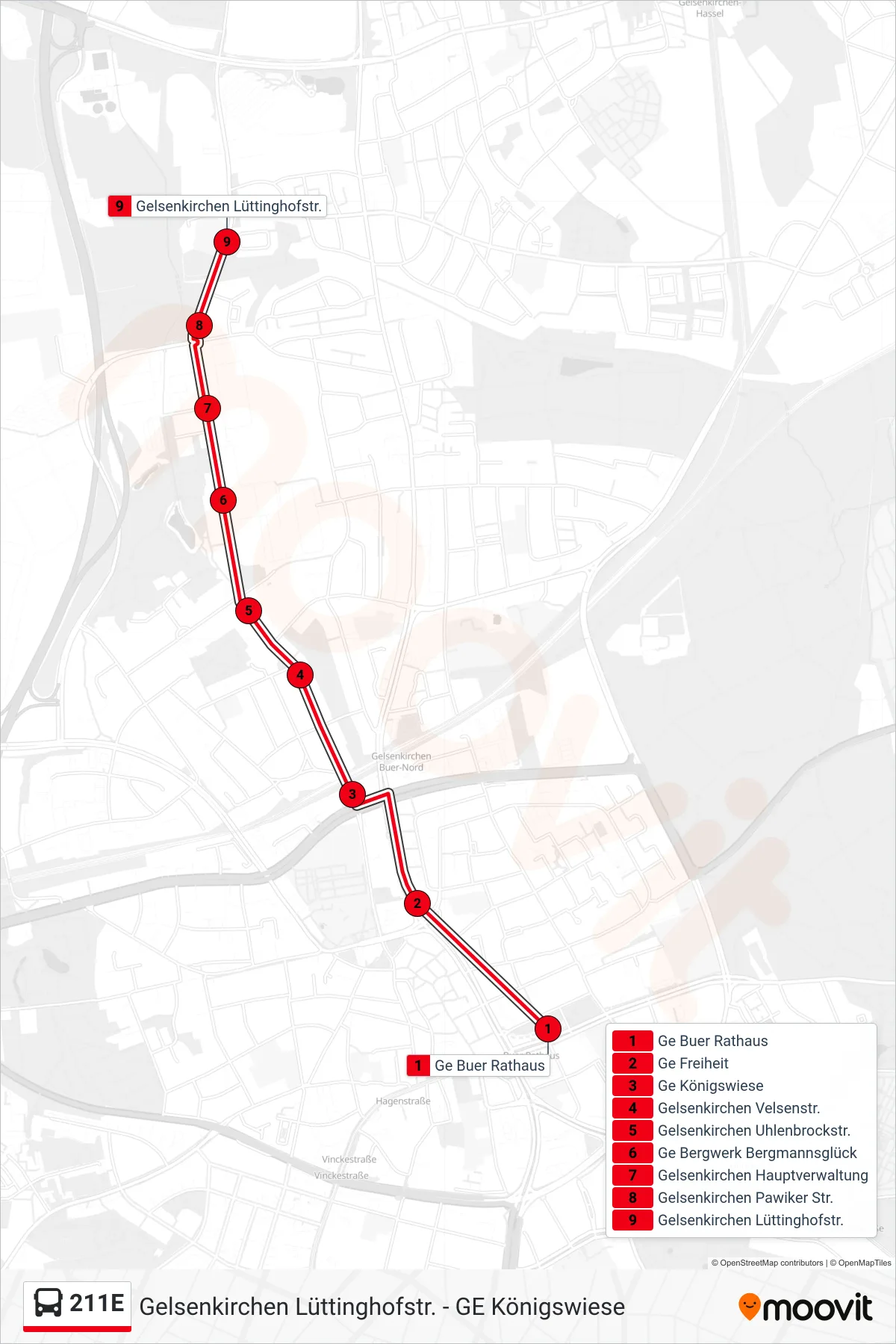 Linie 211E (Bus) Richtung Gelsenkirchen Lüttinghofstr.: Route und Haltestellen auf der Karte